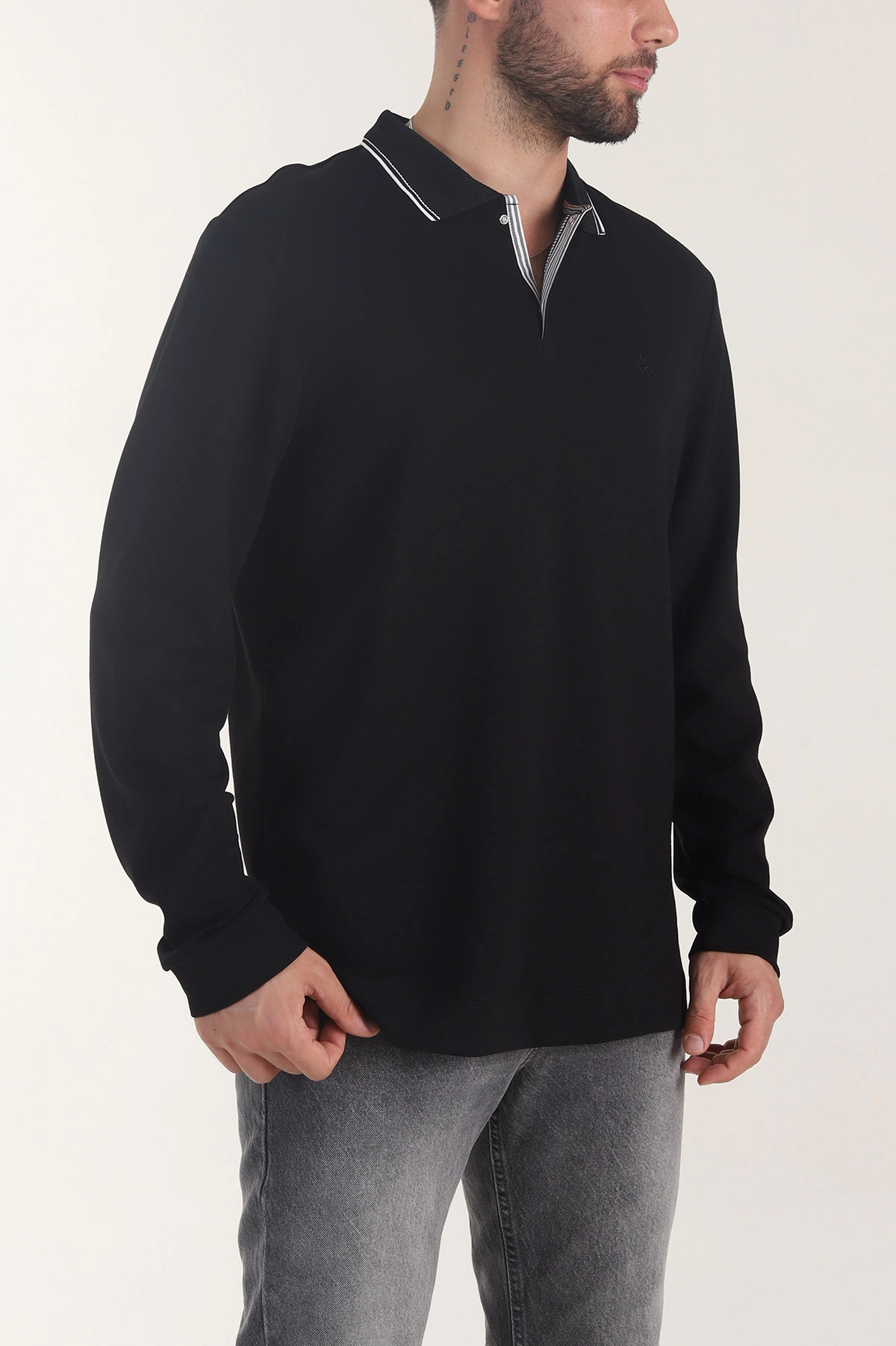 Siyah Oysho Kumaş Polo Yaka Çıt Çıtlı Erkek Sweatshirt 406048