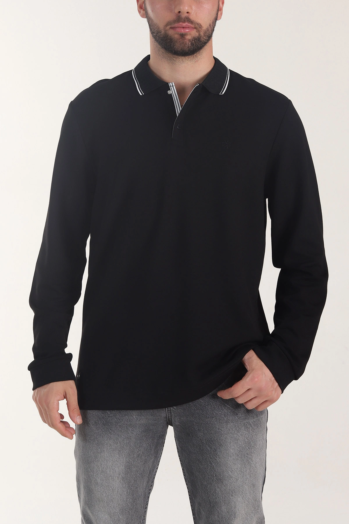 Siyah Oysho Kumaş Polo Yaka Çıt Çıtlı Erkek Sweatshirt 406048