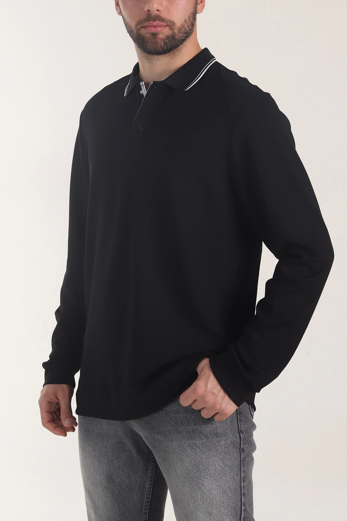 Siyah Oysho Kumaş Polo Yaka Çıt Çıtlı Erkek Sweatshirt 406048