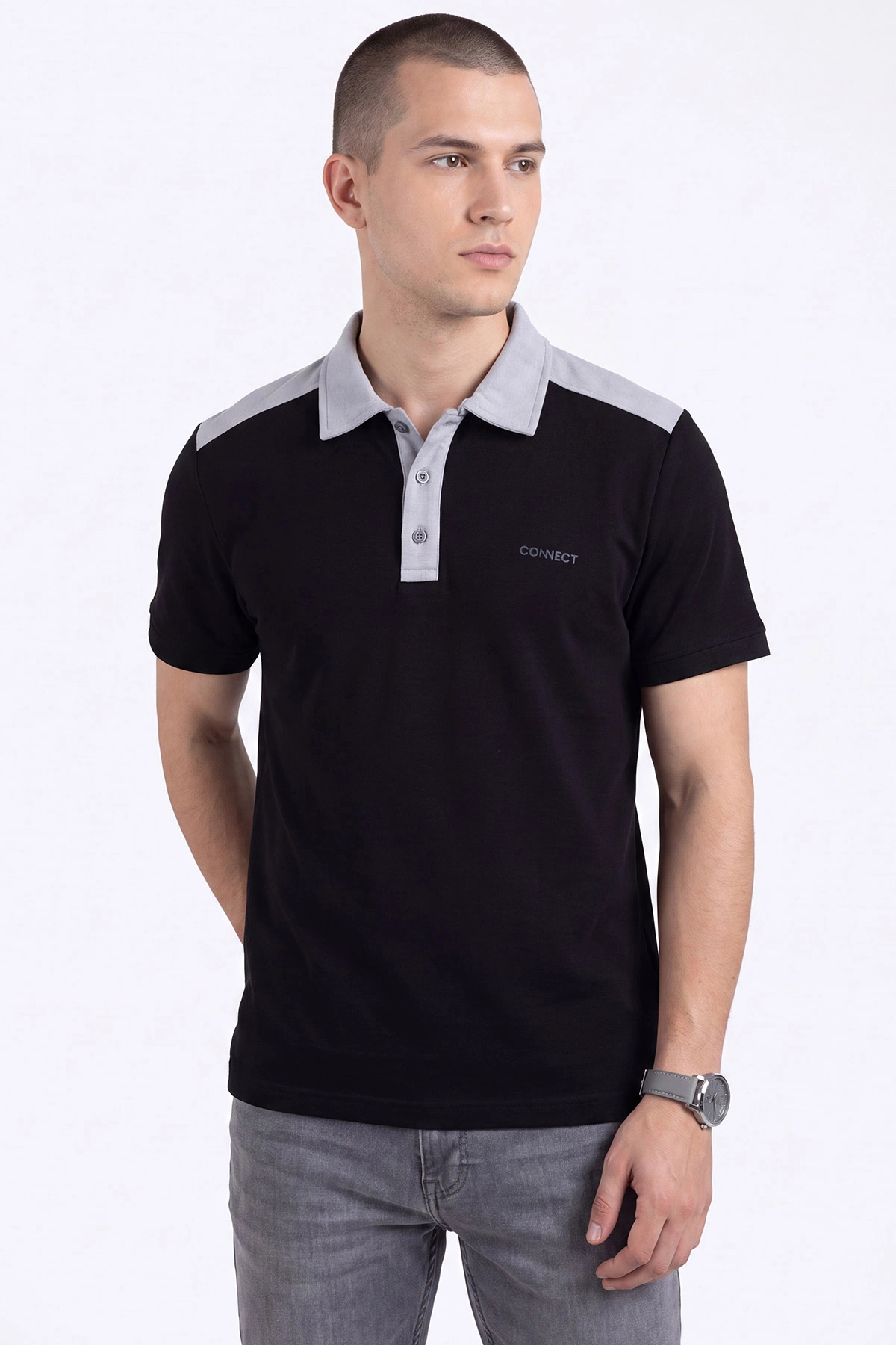Siyah Oysho Kumaş Polo Yaka Düğme Detaylı Erkek Tişört 471695