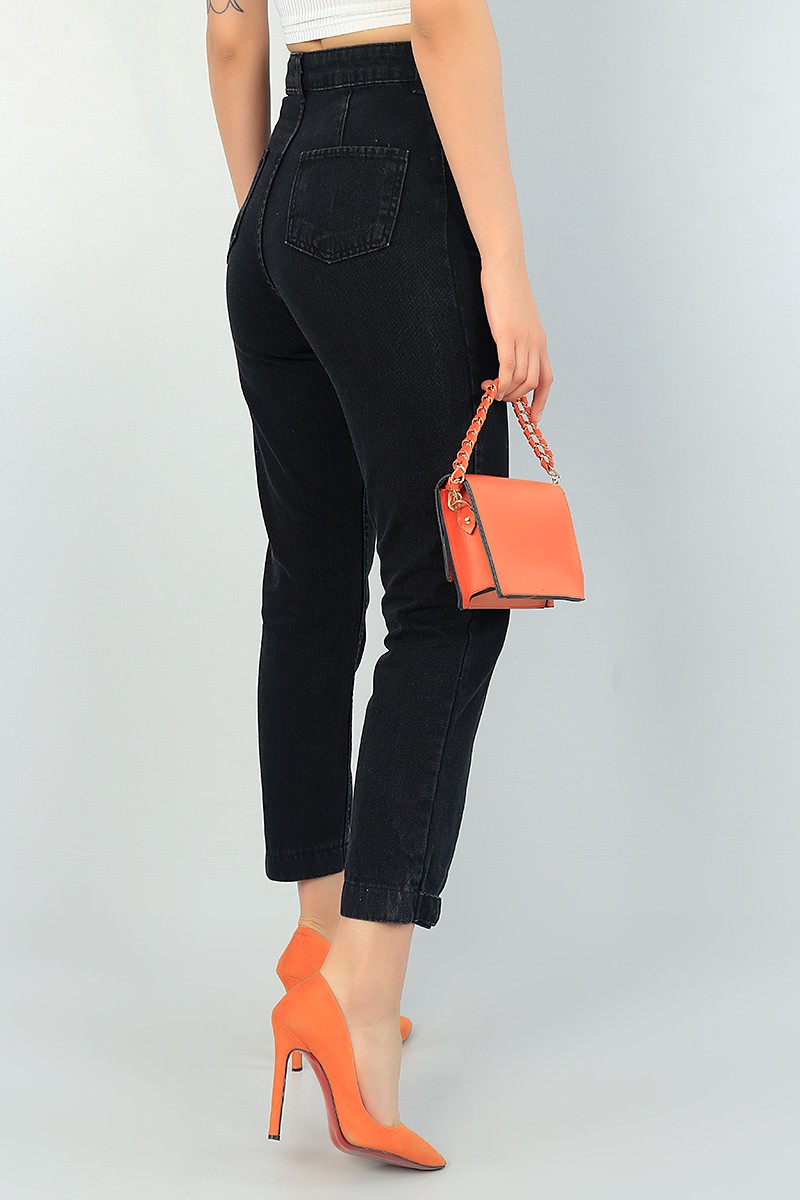 Siyah Paça Çıtçıtlı Mom Bayan Kot Pantolon 66910