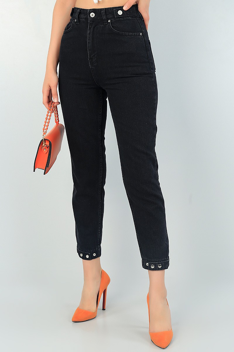 Siyah Paça Çıtçıtlı Mom Bayan Kot Pantolon 66910