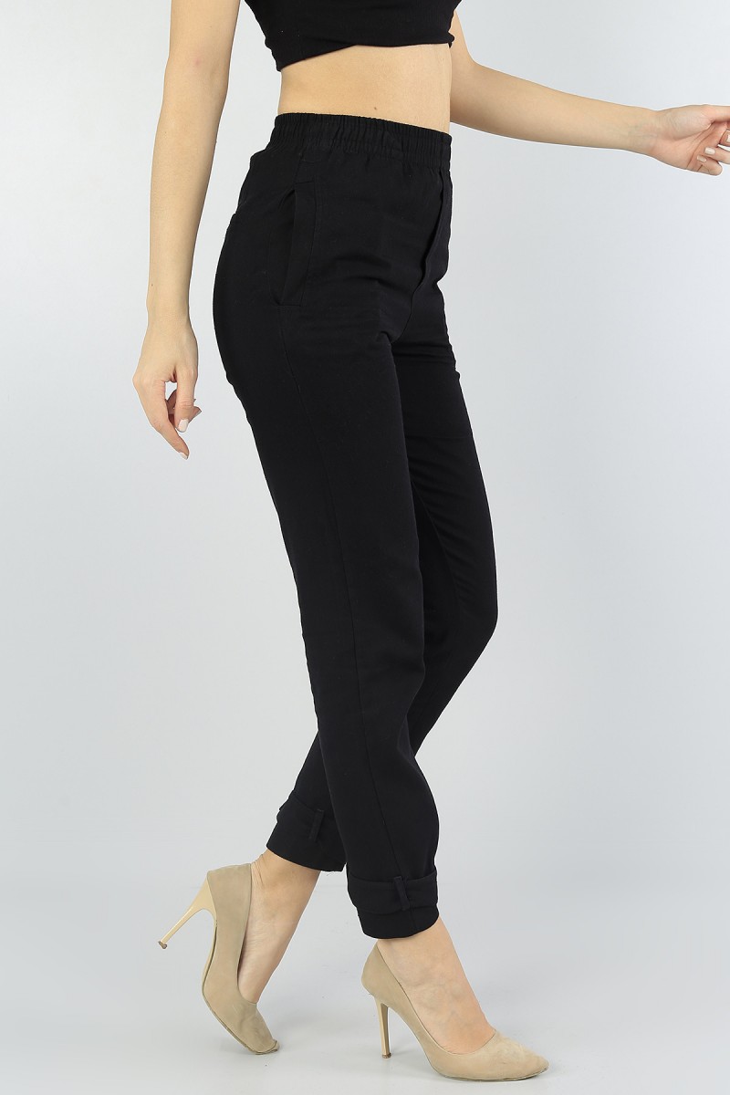 Siyah Paçası Kemerli Bayan Gabardin Pantolon 56542
