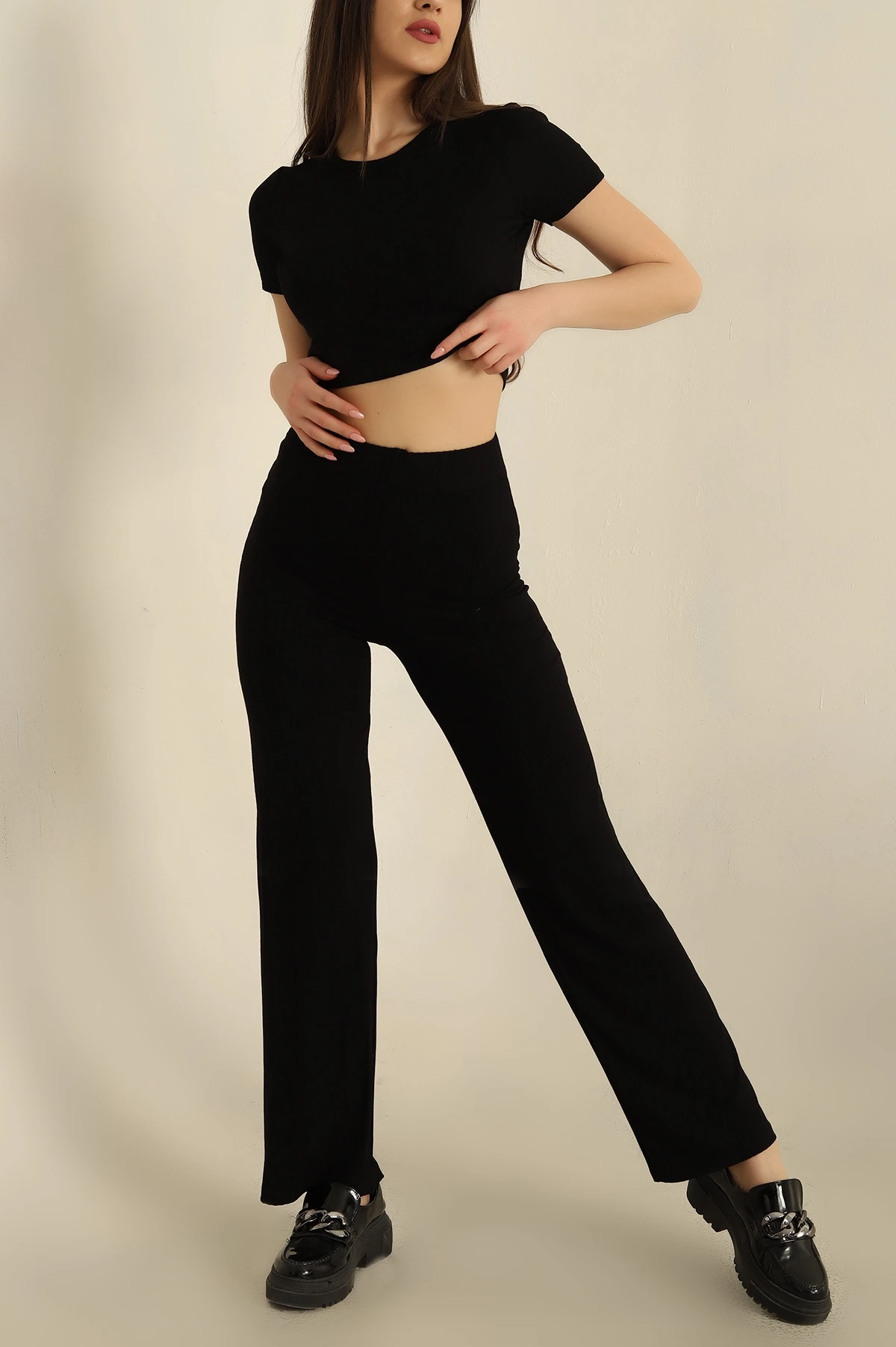 Siyah Pantolon Bluz Fitilli İkili Takım 259973