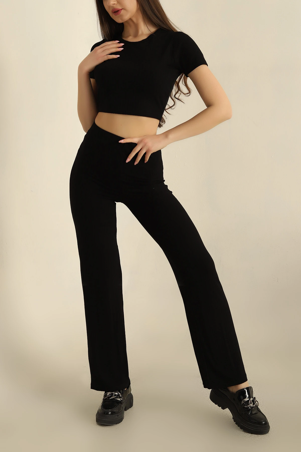 Siyah Pantolon Bluz Fitilli İkili Takım 259973