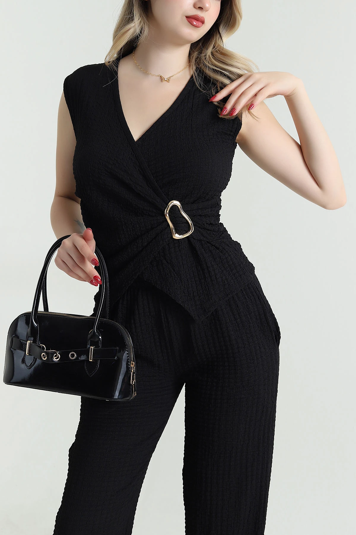 Siyah Pantolon Bluz Gofre Kadın İkili Takım 469454