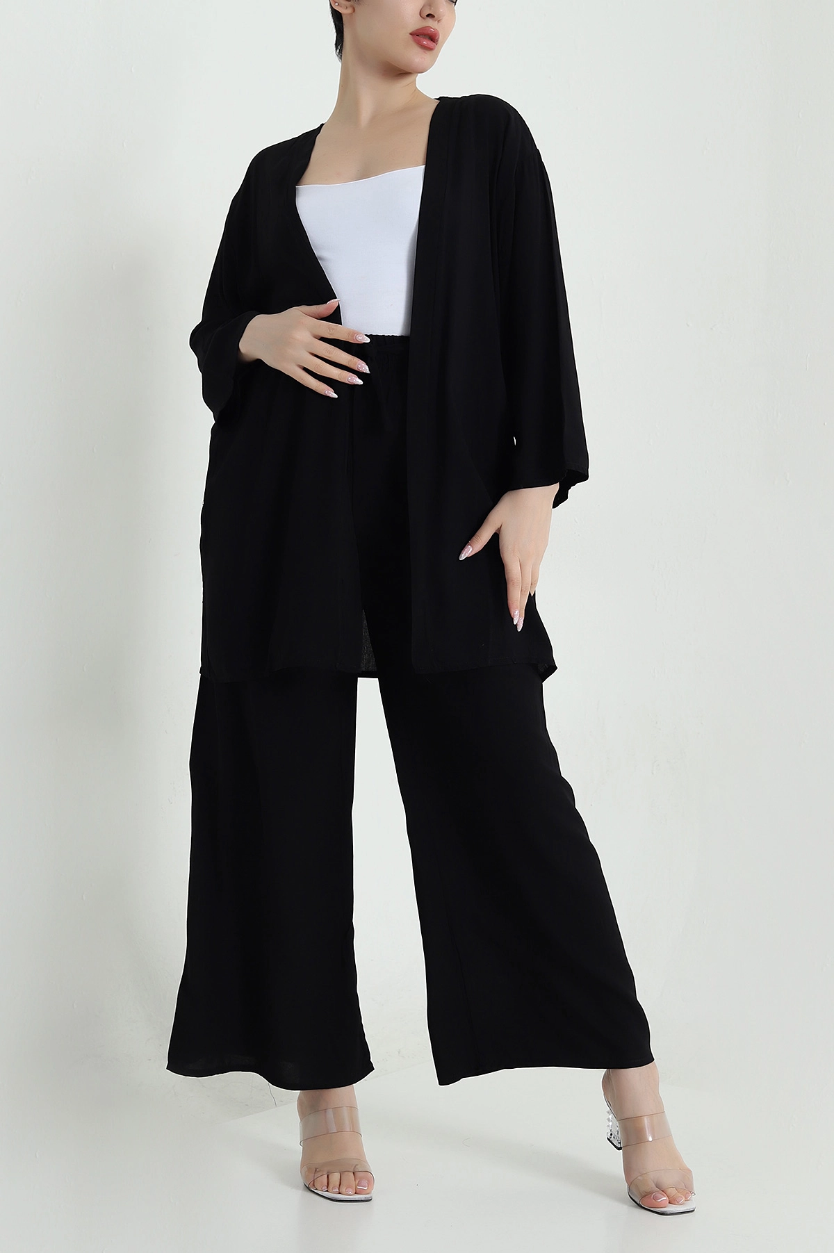 Siyah Pantolon Kimono Dokuma Kadın İkili Takım 460345