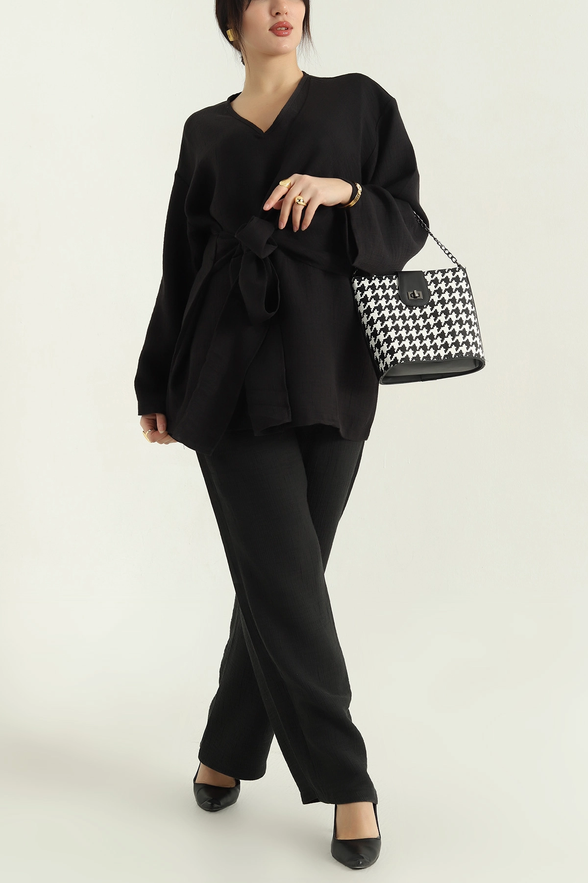Siyah Pantolon Kimono Keten Bayan İkili Takım 335071
