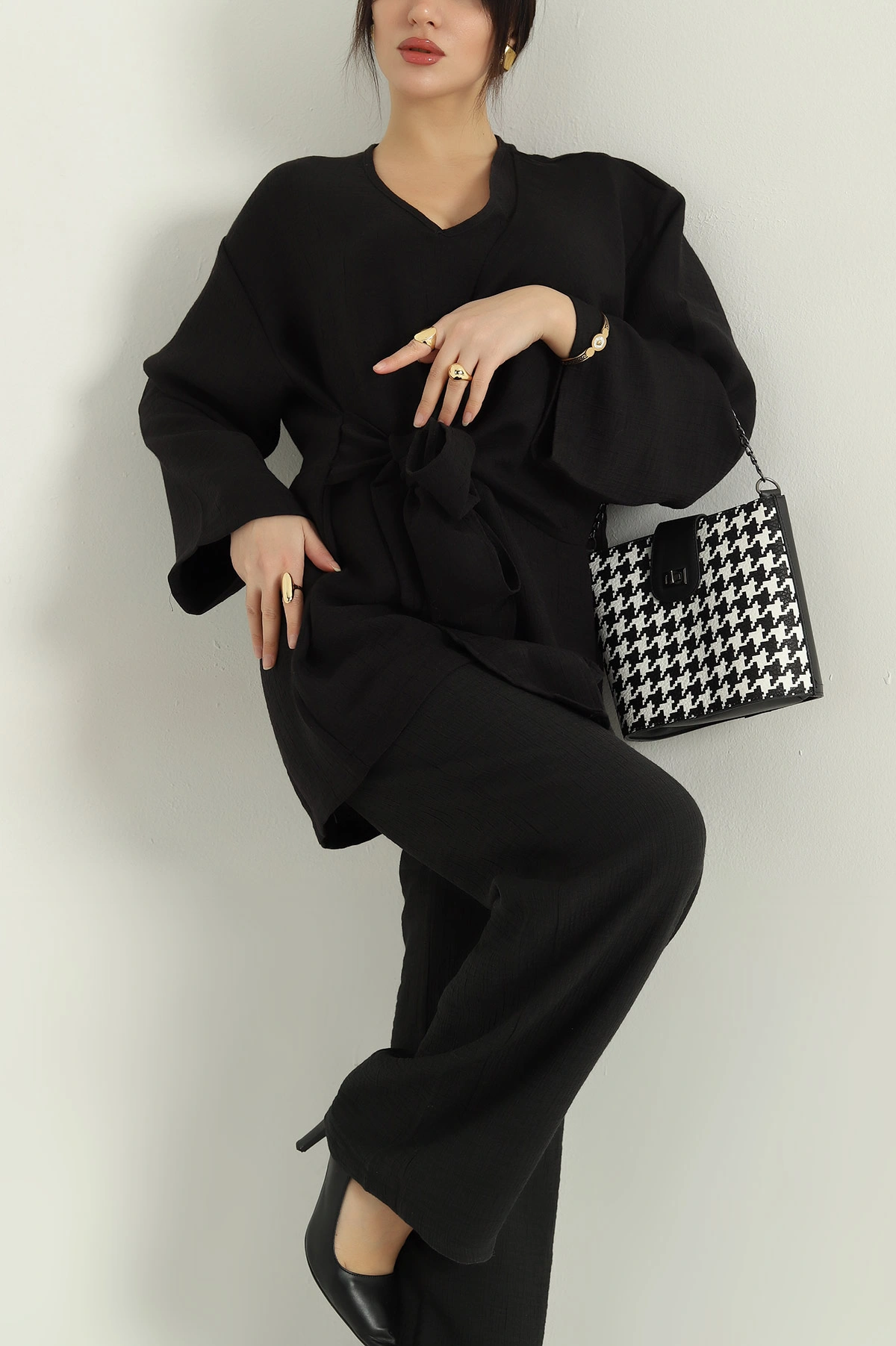 Siyah Pantolon Kimono Keten Bayan İkili Takım 335071