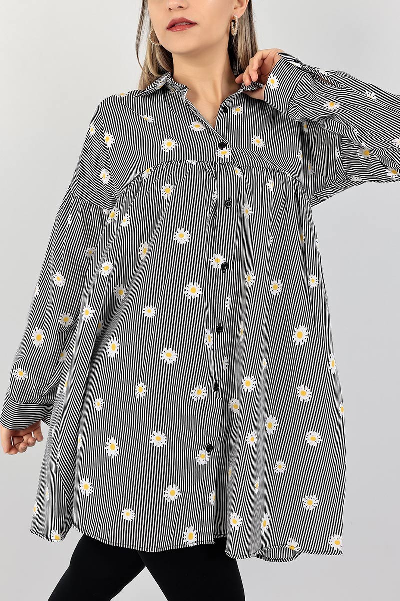 Siyah Papatya Desen Poplin Tunik Elbise 103292