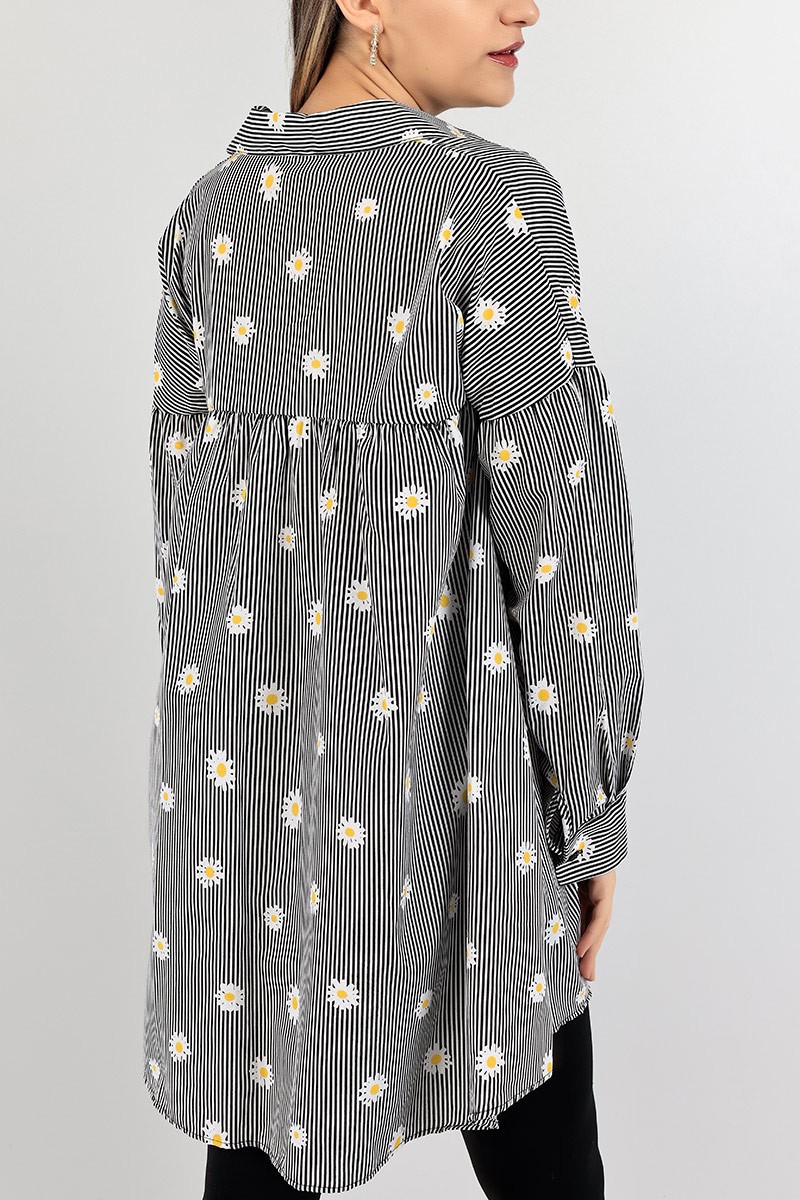 Siyah Papatya Desen Poplin Tunik Elbise 103292