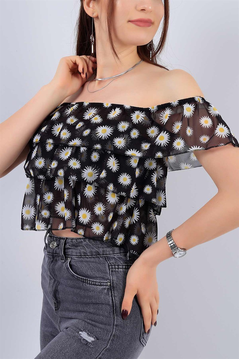 Siyah Papatya Desenli Bayan Bluz 15269B
