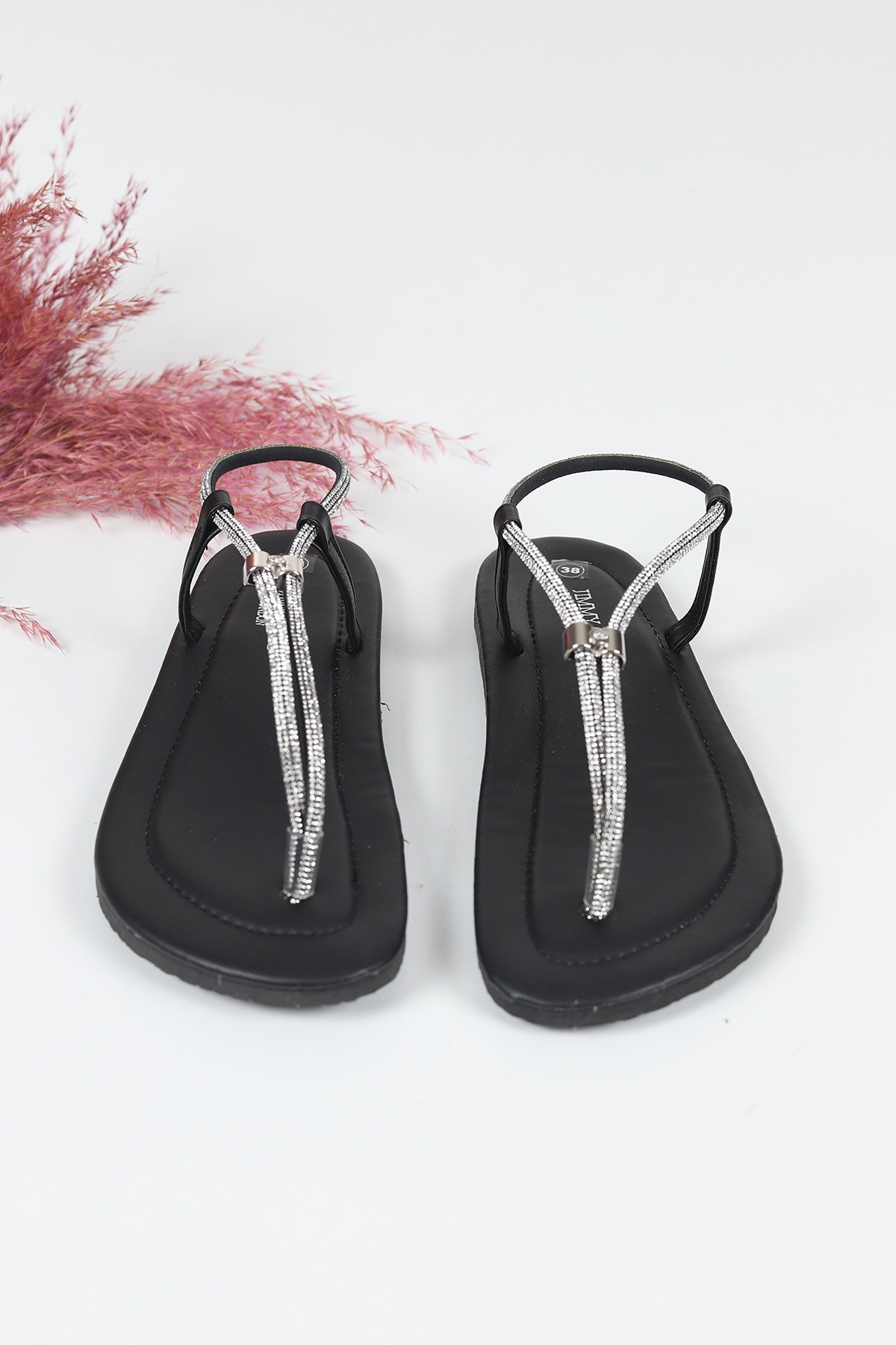 Siyah Parmak Arası Taş Tasarım Sandalet 112590