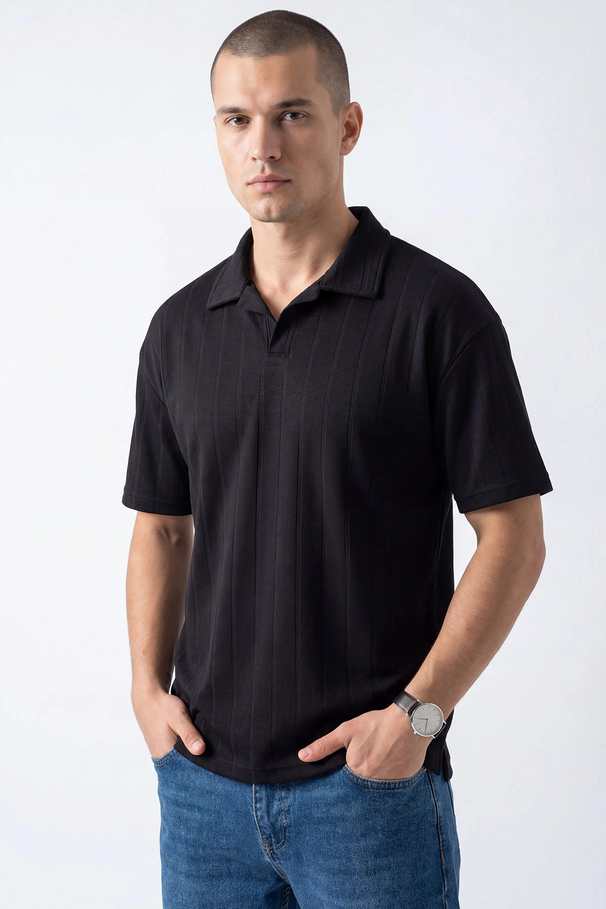 Siyah Pike Kumaş Oversize  Polo Yaka Erkek Tişört 448944