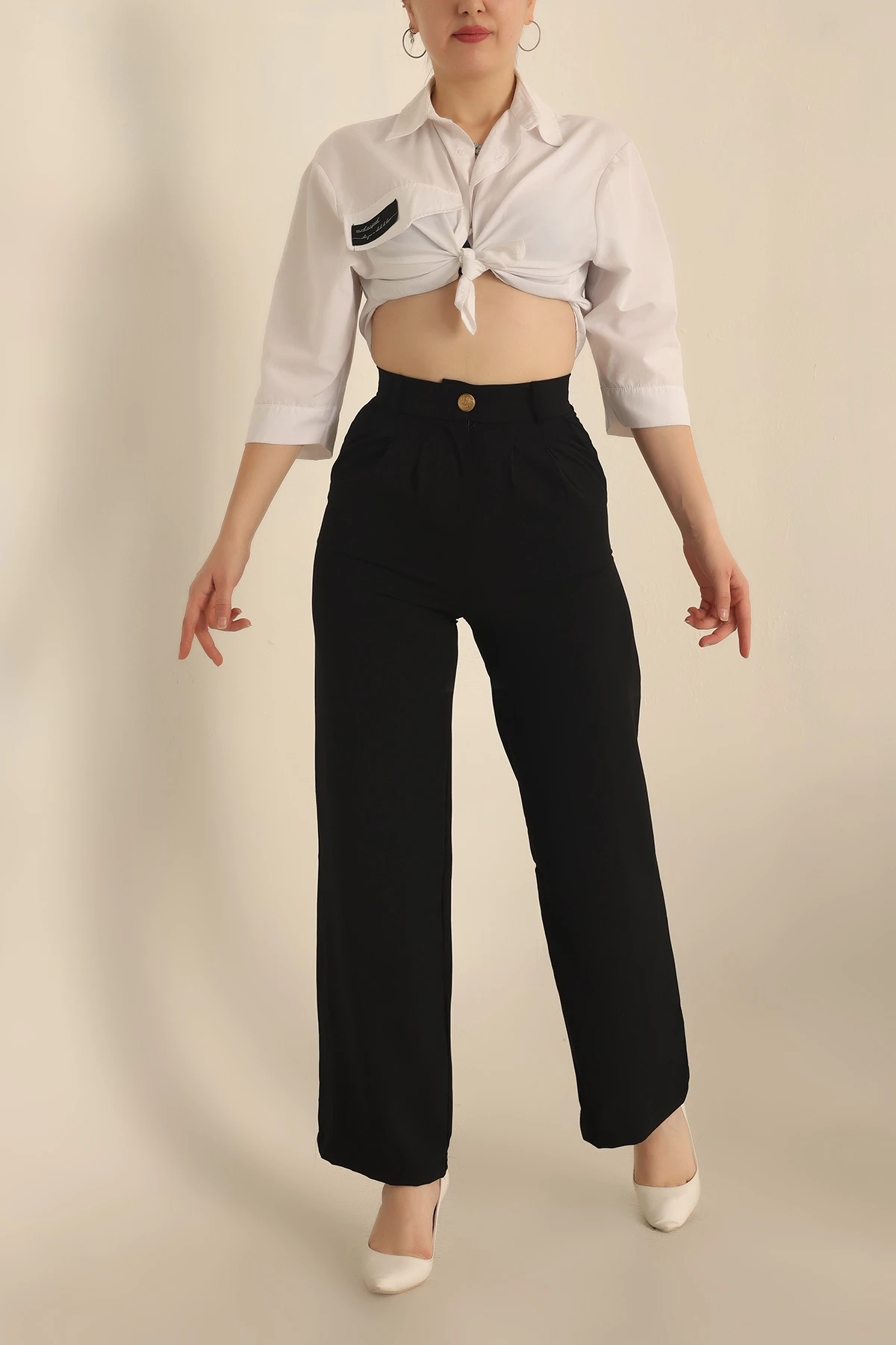 Siyah Pileli Bayan Pantalon T-196440