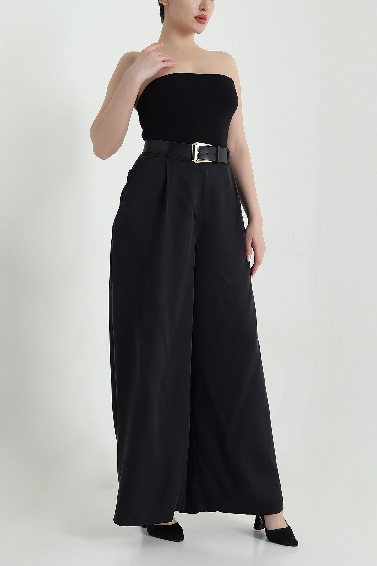 Siyah Pileli Cepli Bol Paça Tencel Kadın Pantolon 459094
