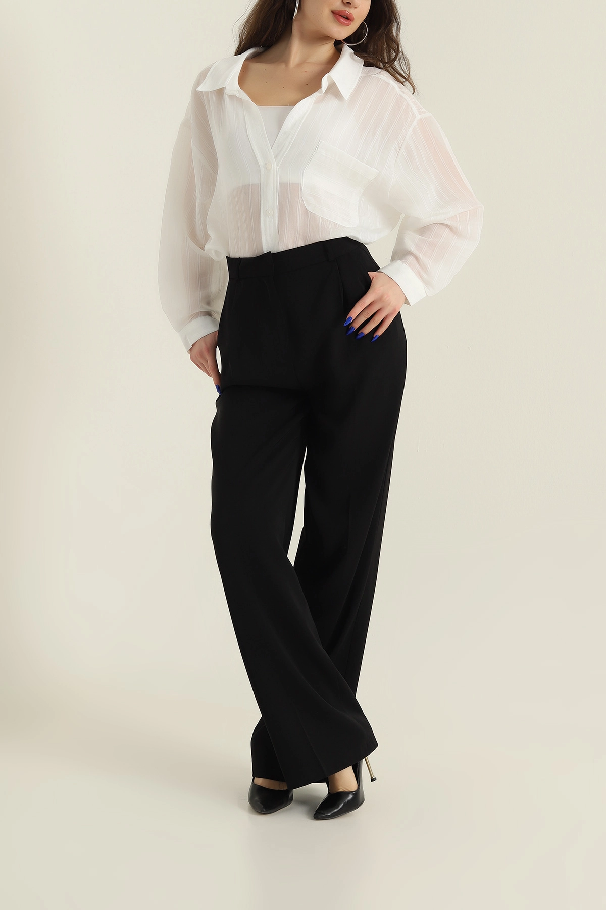Siyah Pileli Palazzo Twill Kadın Pantolon 425420