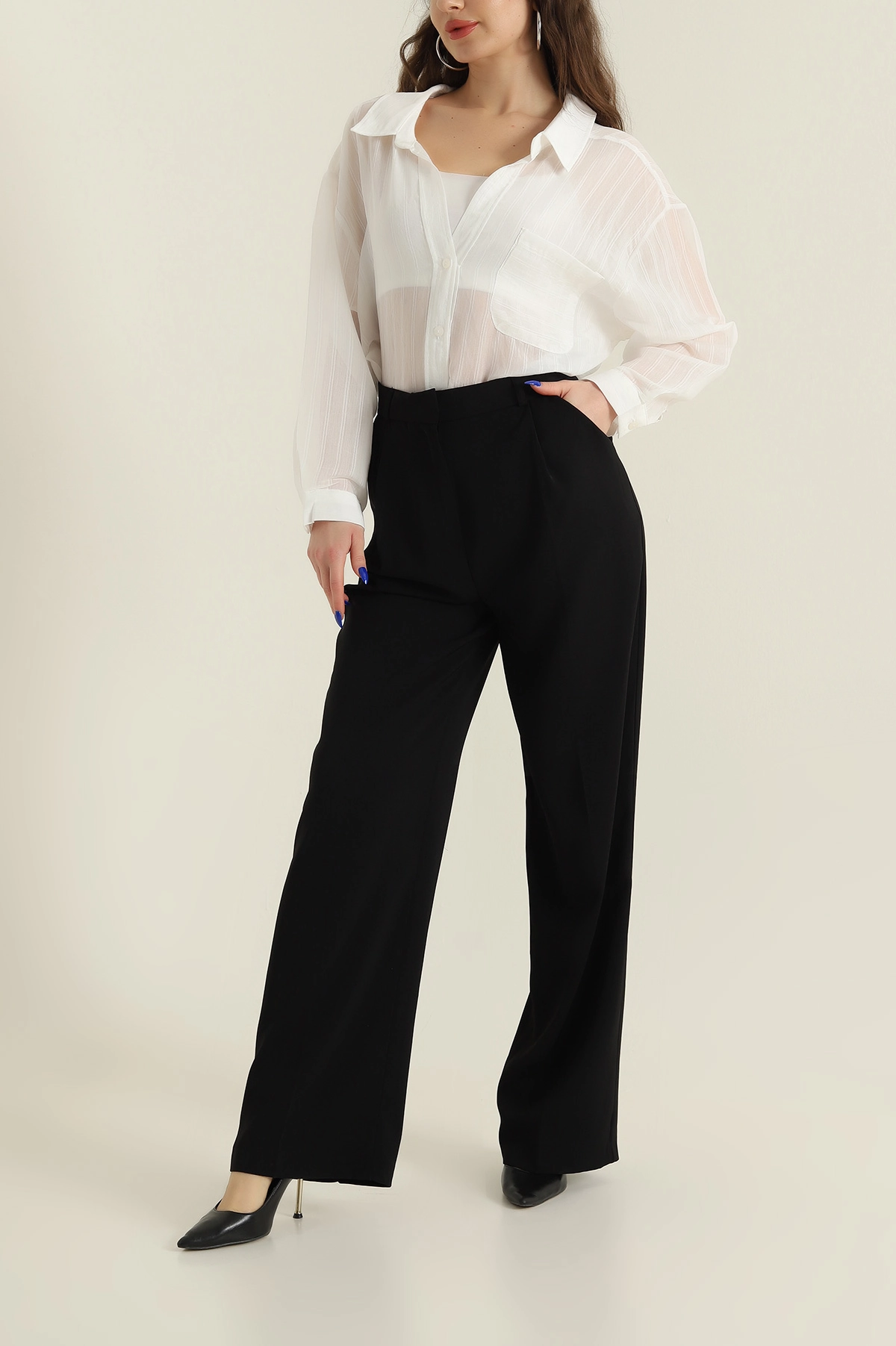 Siyah Pileli Palazzo Twill Kadın Pantolon 425420