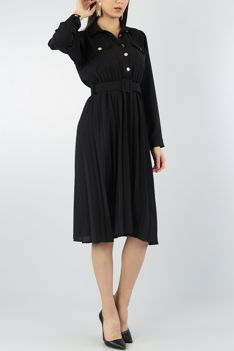 Siyah Piliseli Tasarım Kemerli Elbise 56587