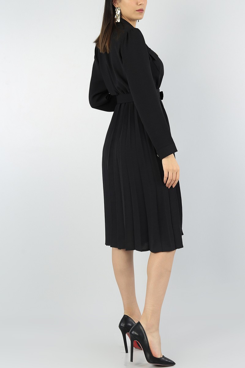 Siyah Piliseli Tasarım Kemerli Elbise 56587