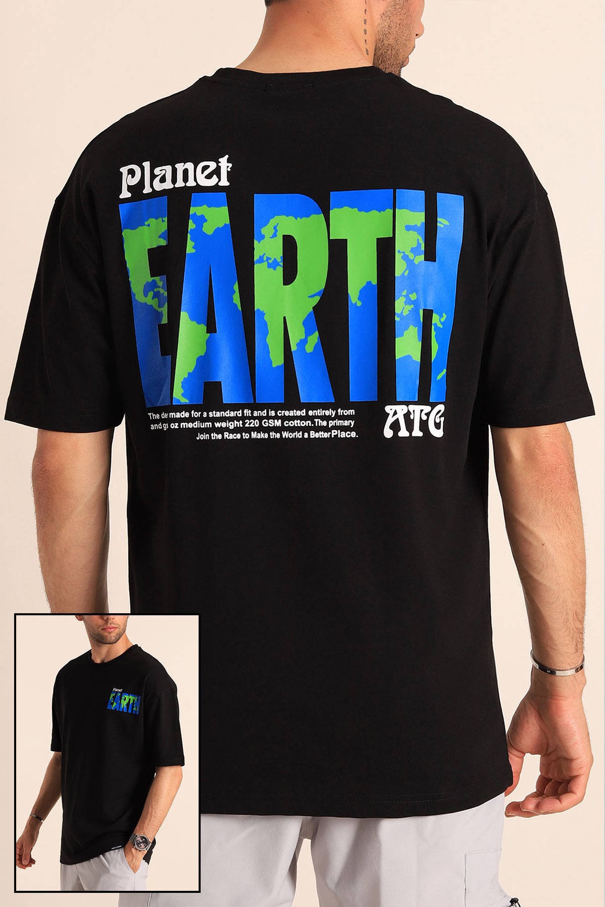 Siyah Planet Sırt Baskılı Oversize Erkek Tişört 186068