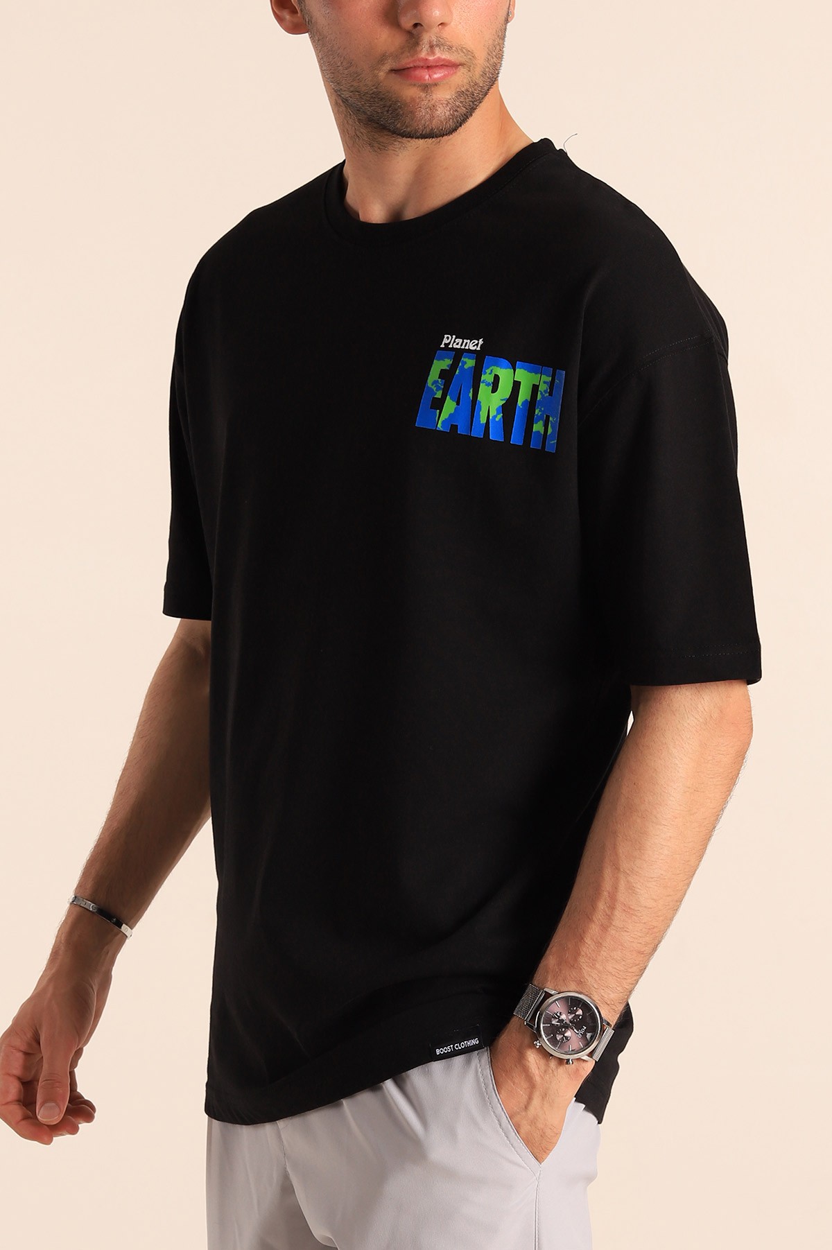 Siyah Planet Sırt Baskılı Oversize Erkek Tişört 186068