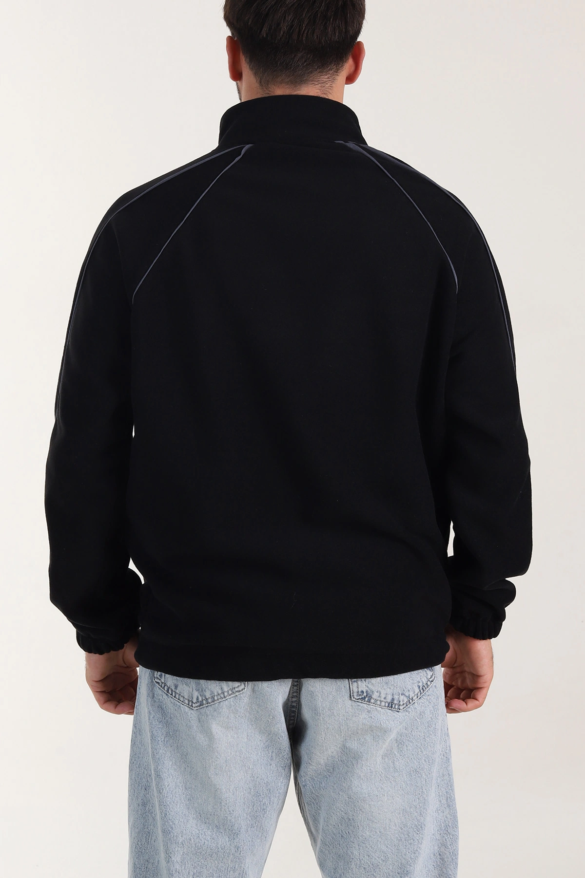 Siyah Polar Kumaş Yarım Fermuarlı Yazı Detaylı Erkek Sweatshirt 408547