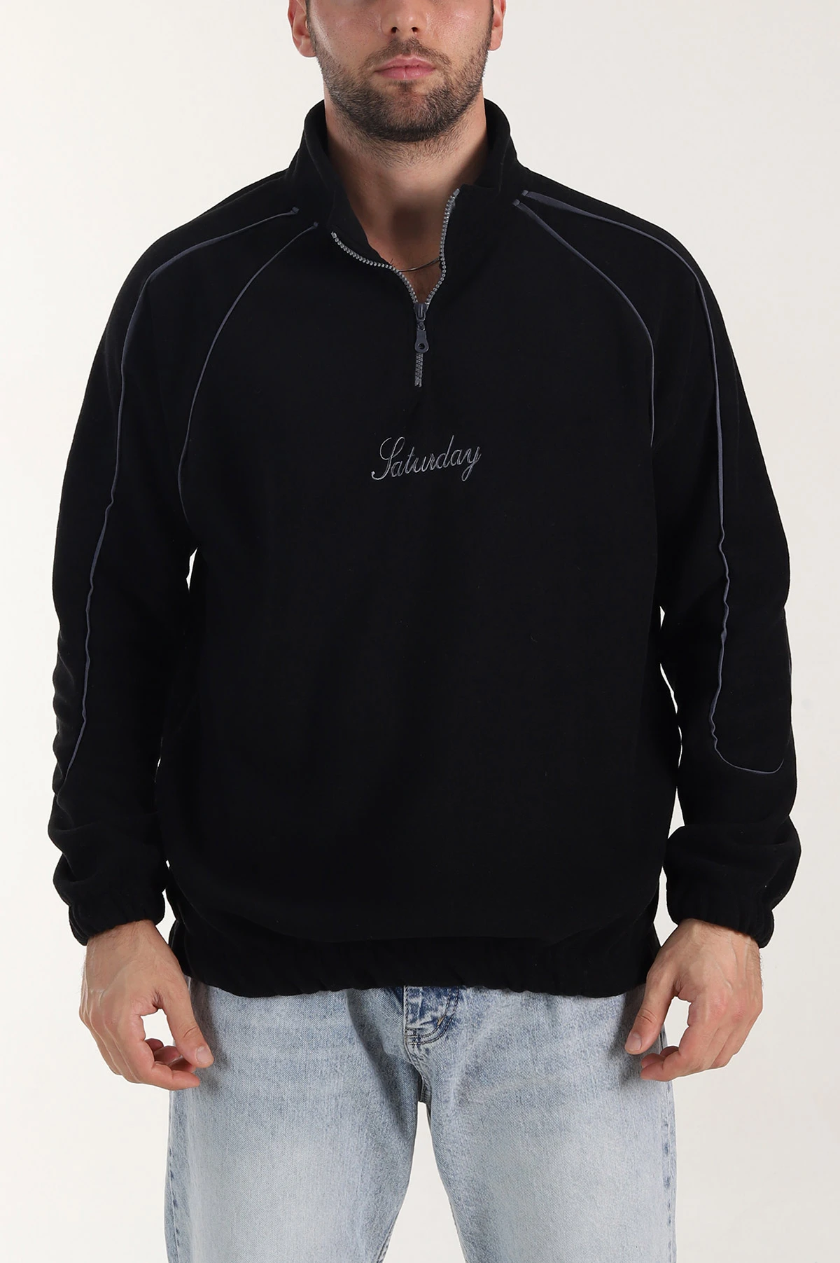 Siyah Polar Kumaş Yarım Fermuarlı Yazı Detaylı Erkek Sweatshirt 408547