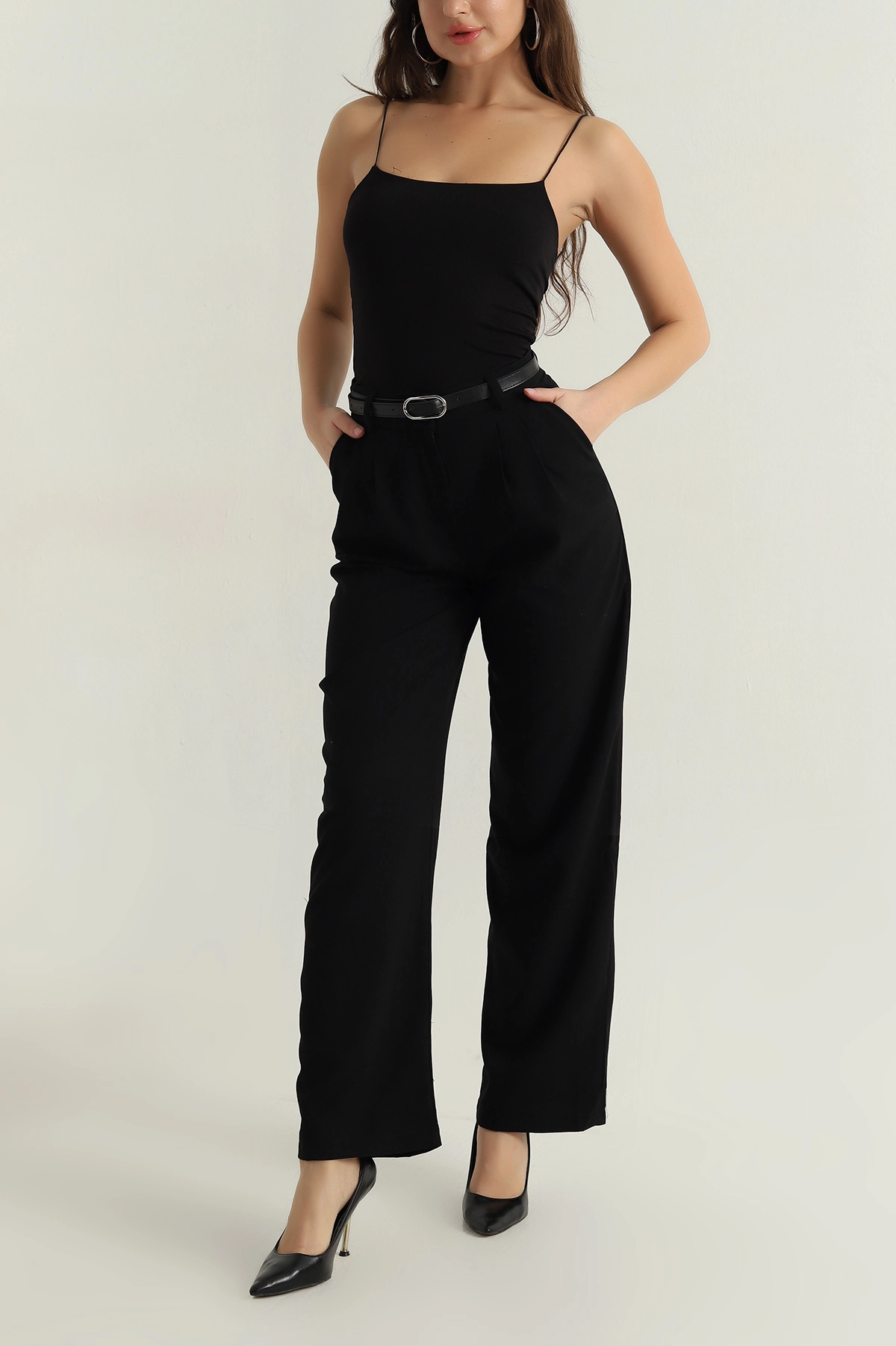 Siyah Poliviskon Kemerli Kadın Pantolon 406368