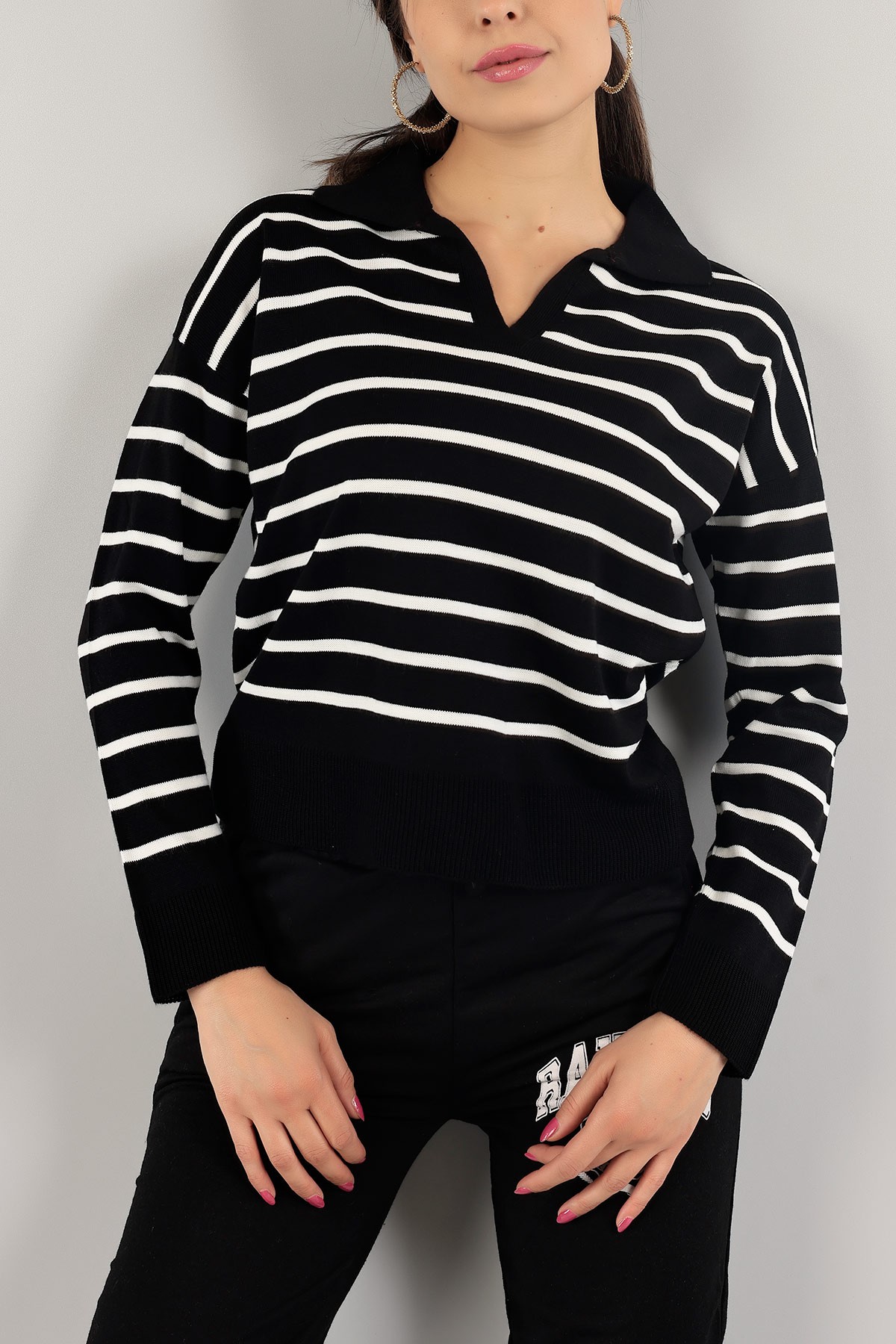 Siyah Polo Yaka Bayan Triko Kazak 132358