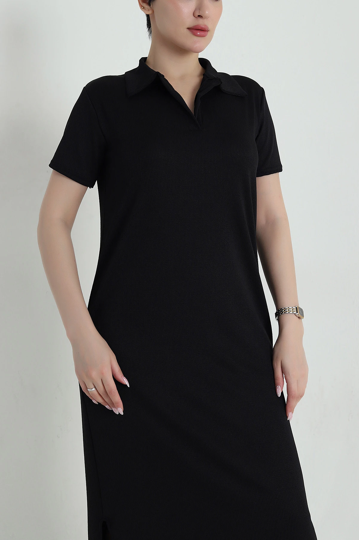 Siyah Polo Yaka Bürümcük Kadın Elbise 458679