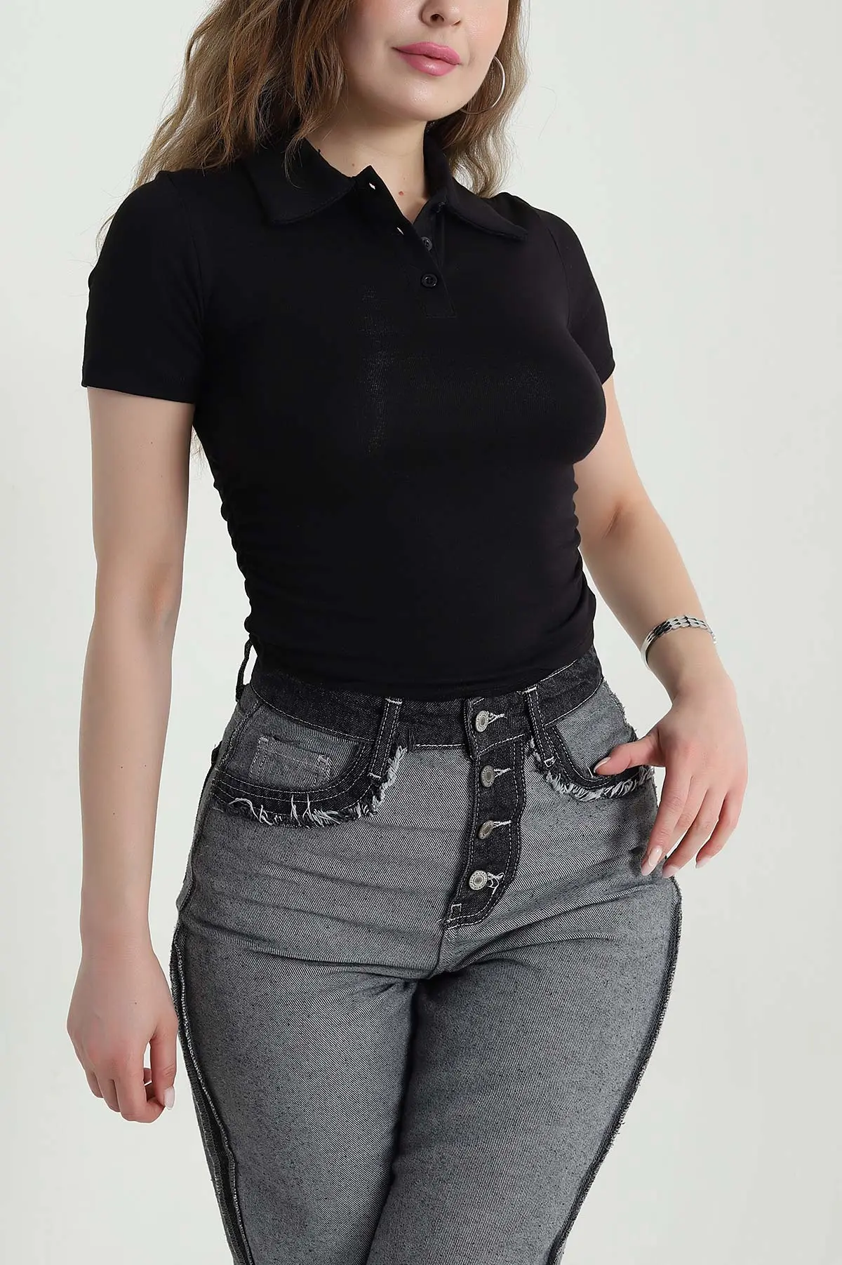 Siyah Polo Yaka Büzgülü Viskon Kadın Bluz 473790