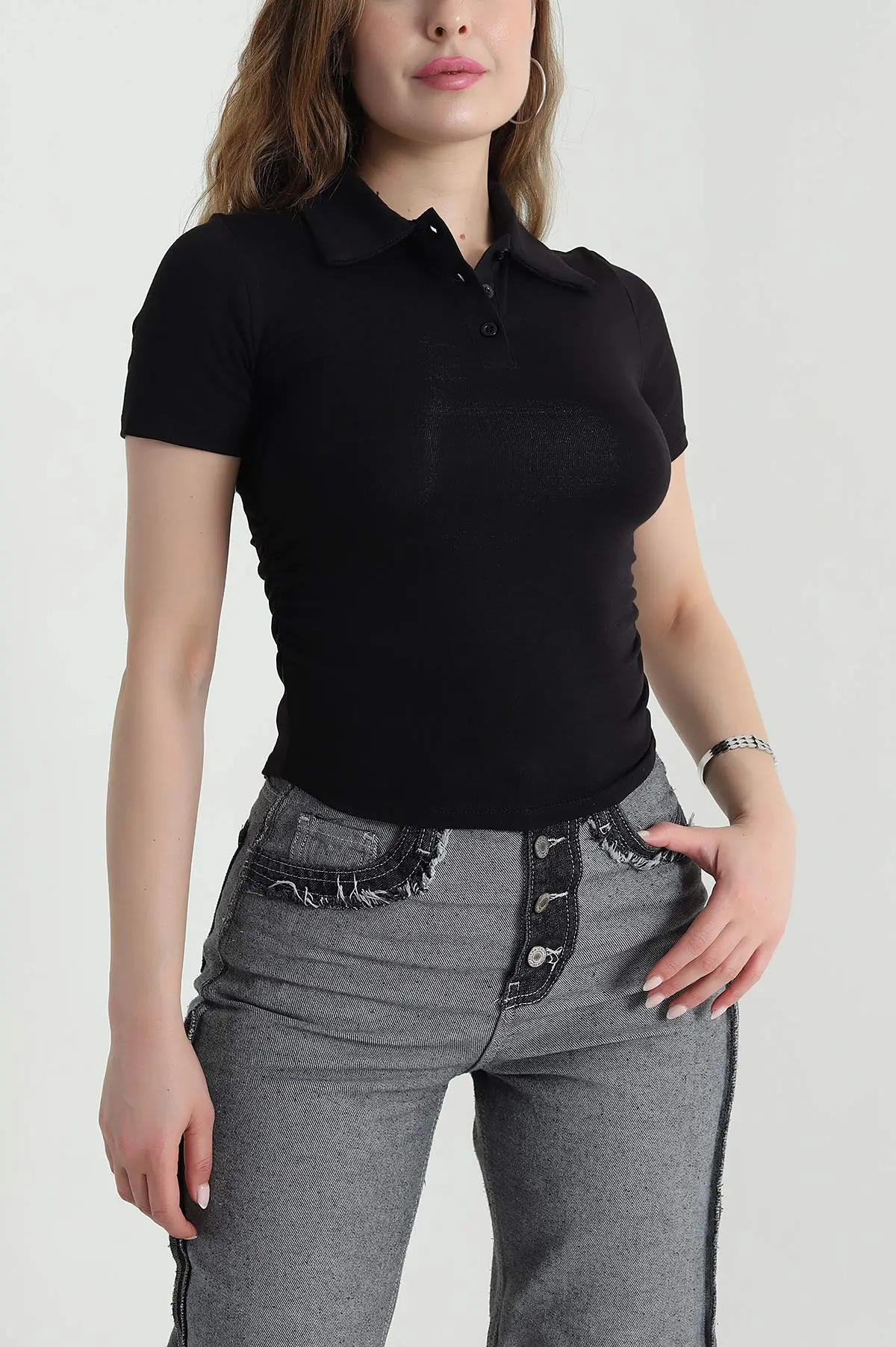 Siyah Polo Yaka Büzgülü Viskon Kadın Bluz 473790