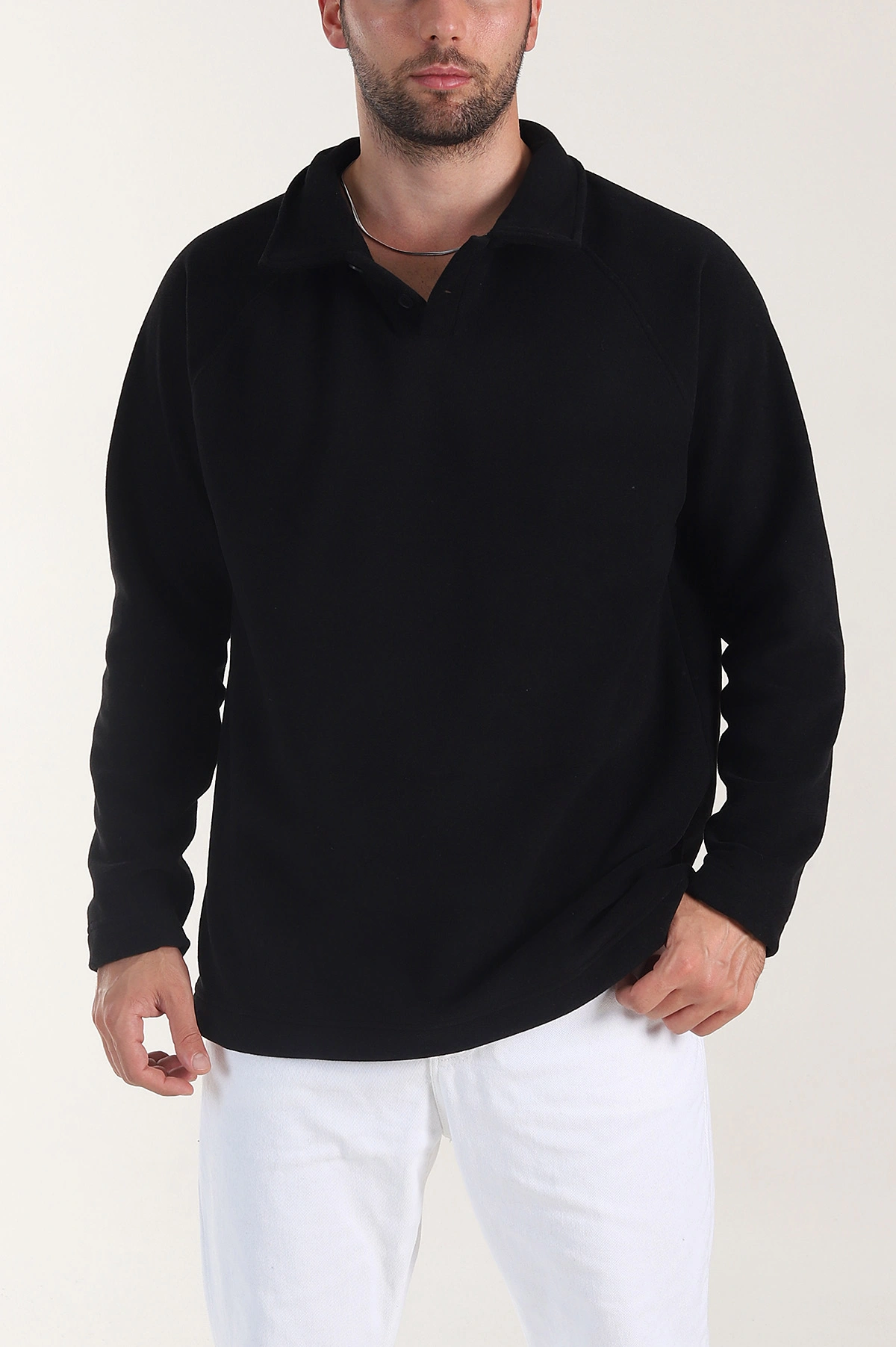 Siyah Polo Yaka Düğmeli Uzun Kollu Polar Kumaş Erkek Sweatshirt 404278