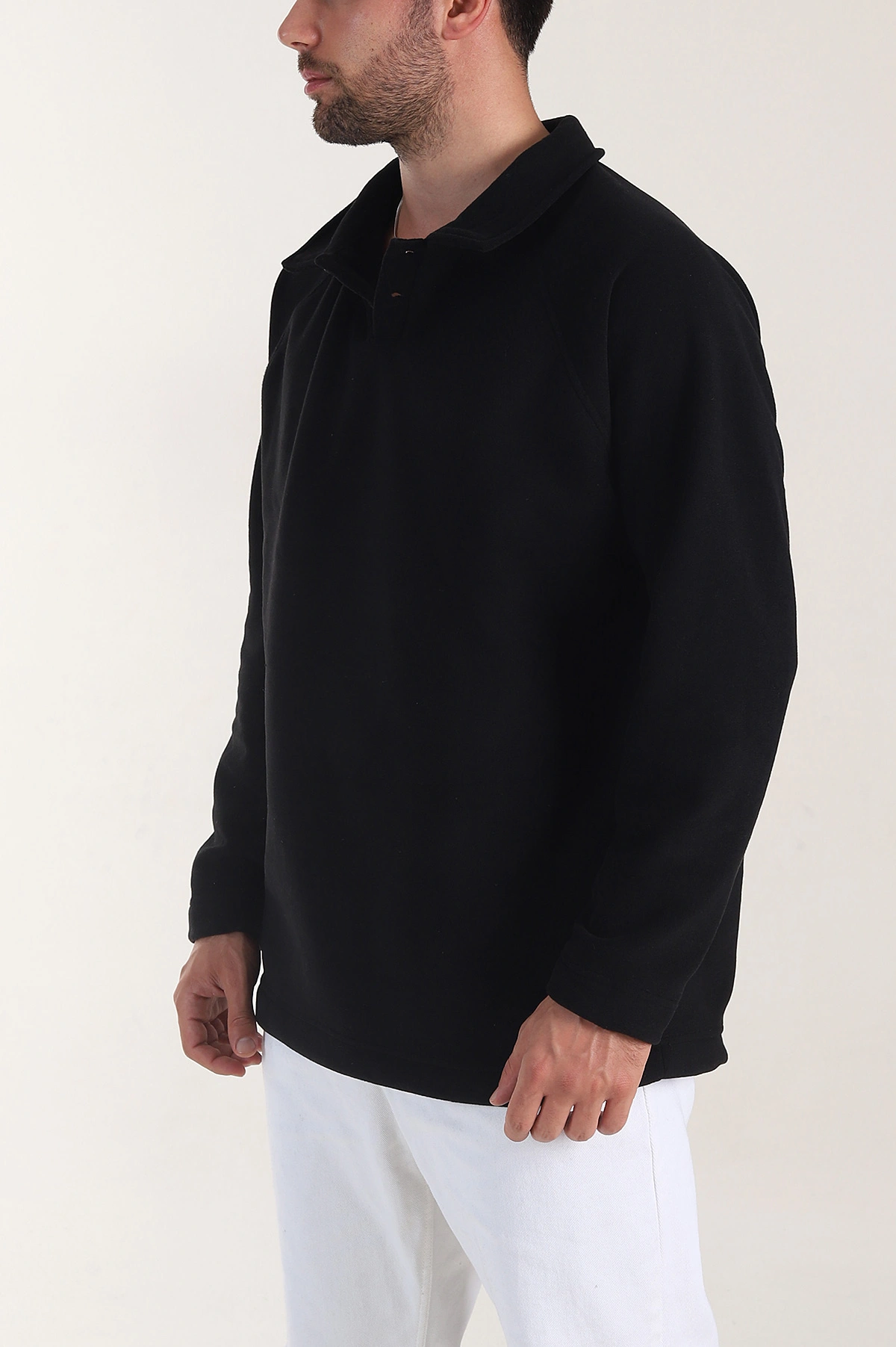 Siyah Polo Yaka Düğmeli Uzun Kollu Polar Kumaş Erkek Sweatshirt 404278
