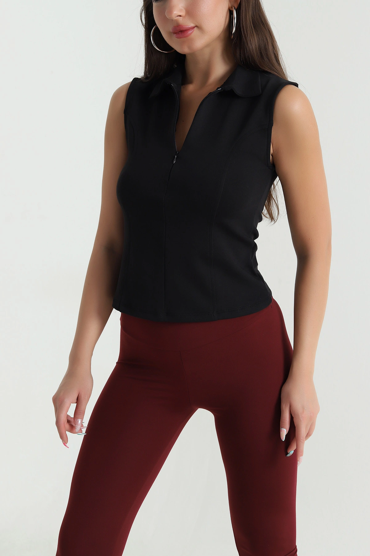 Siyah Polo Yaka Fermuarlı Kadın Body Bluz 467081