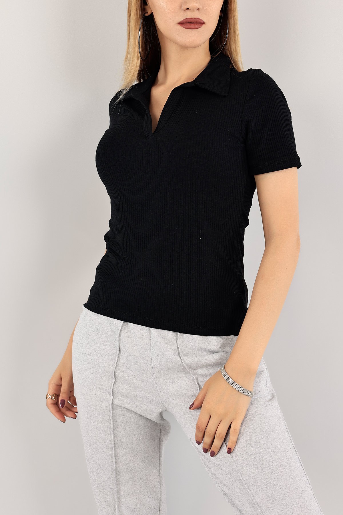 Siyah Polo Yaka Fitilli Bluz 119151