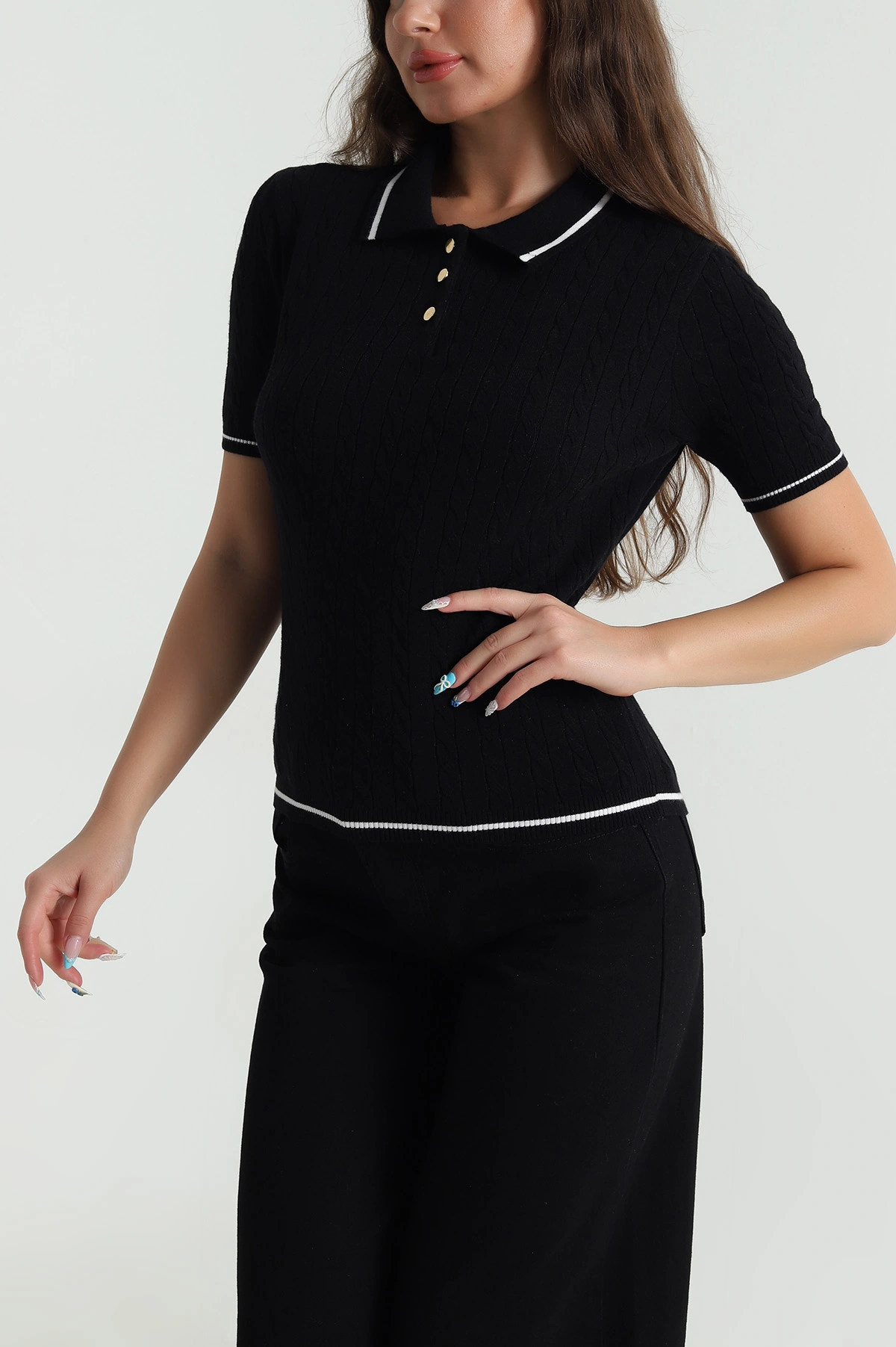 Siyah Polo Yaka Kadın Triko Bluz 484251