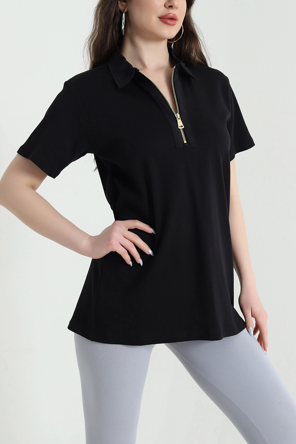 Siyah Polo Yaka Kristal Kadın Bluz 449060