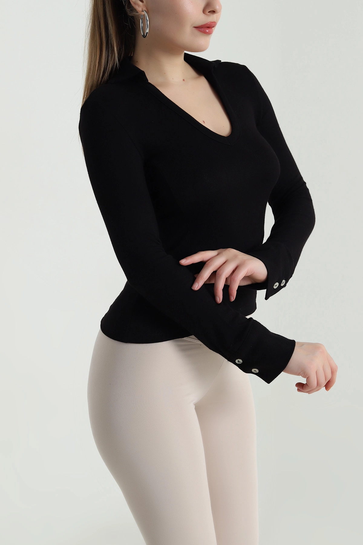Siyah Polo Yaka Likralı Buzzy Kadın Bluz 496460