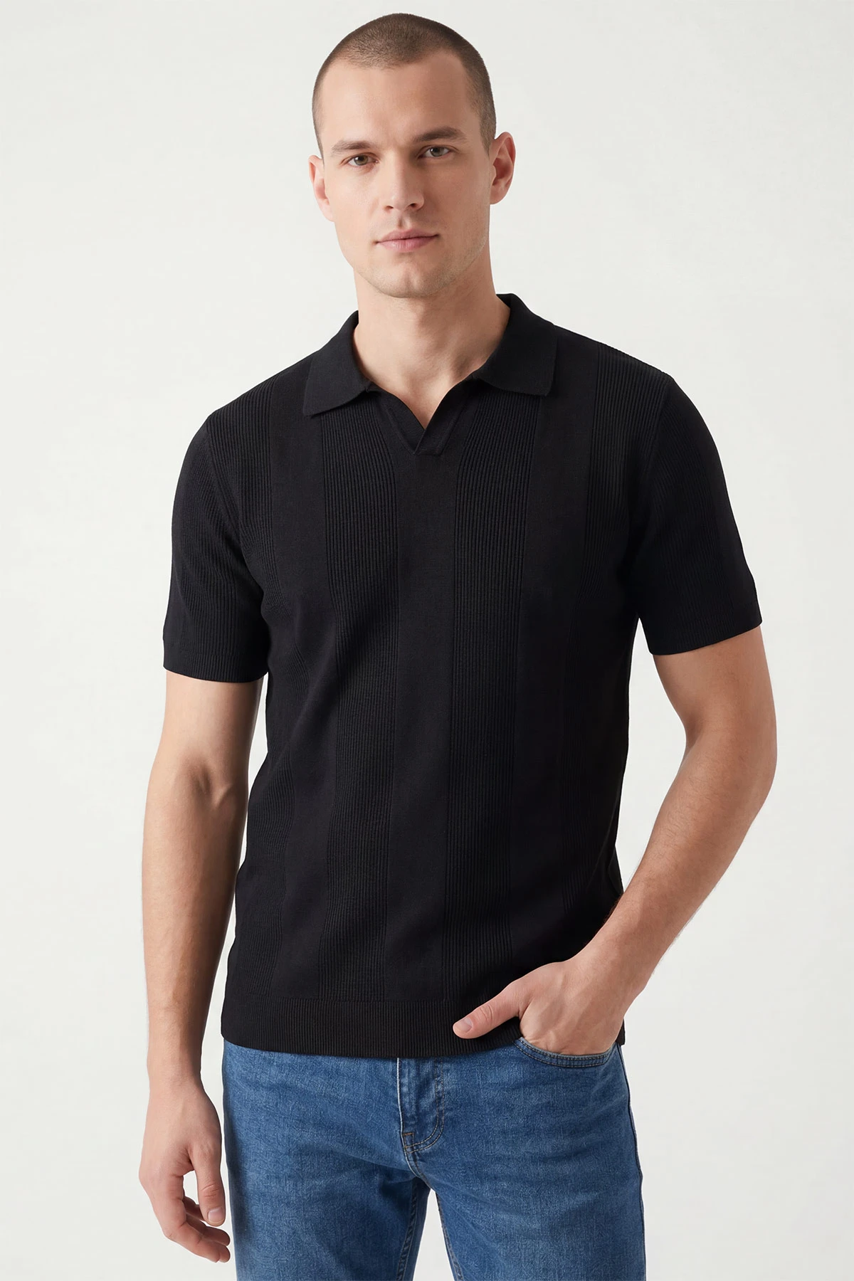 Siyah Polo Yaka Likralı Erkek Triko Tişört 444352