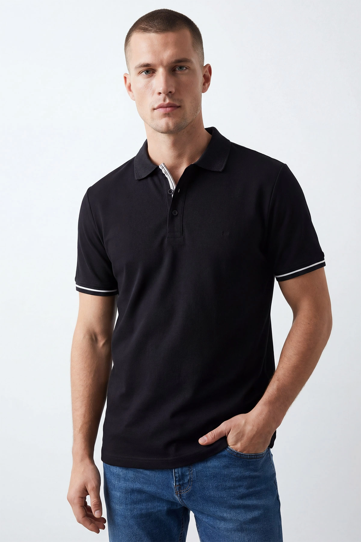 Siyah Polo Yaka Osyho Kumaş Fitilli Erkek Tişört 433121