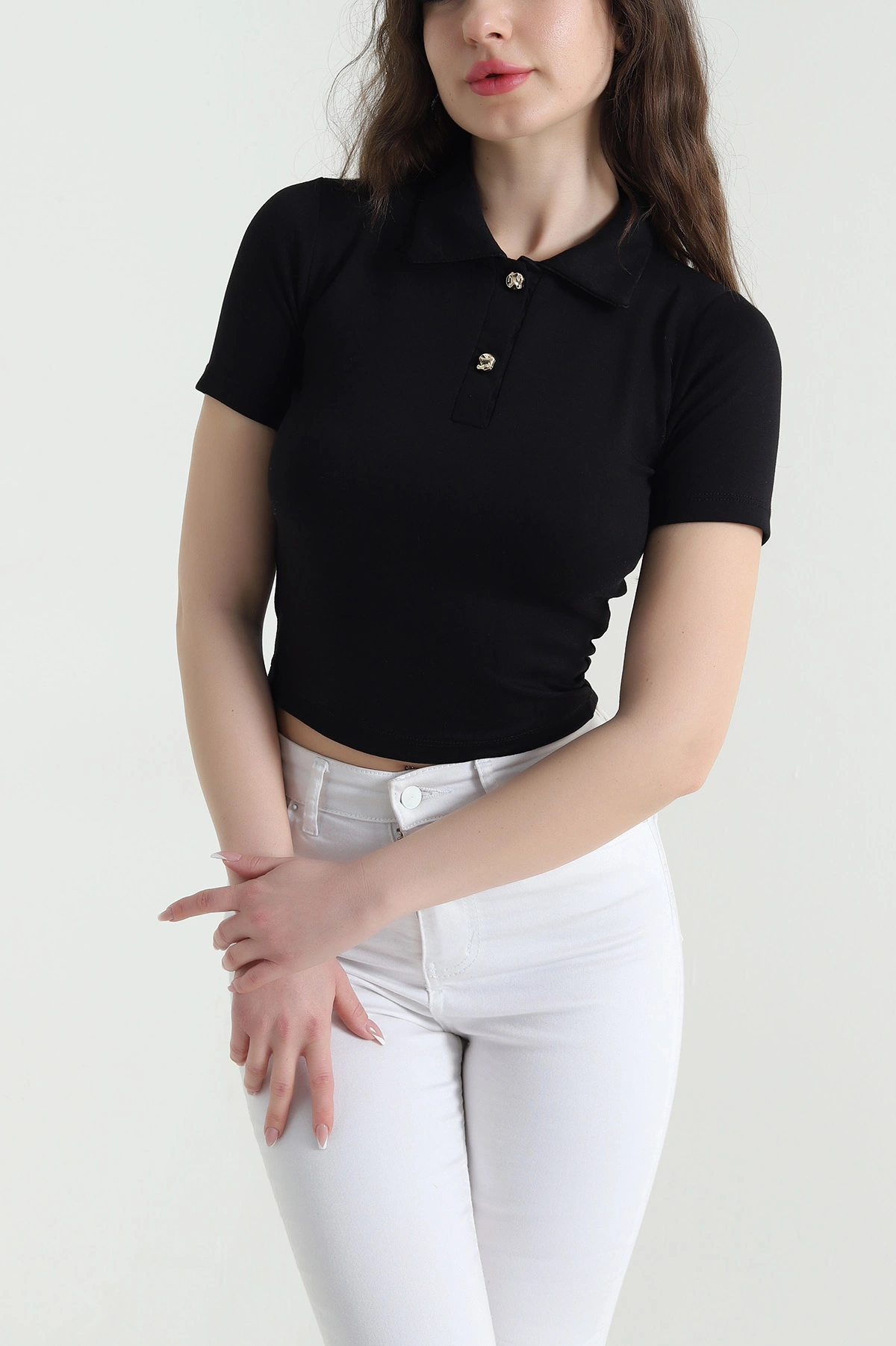 Siyah Polo Yaka Oysho Kadın Bluz 452886
