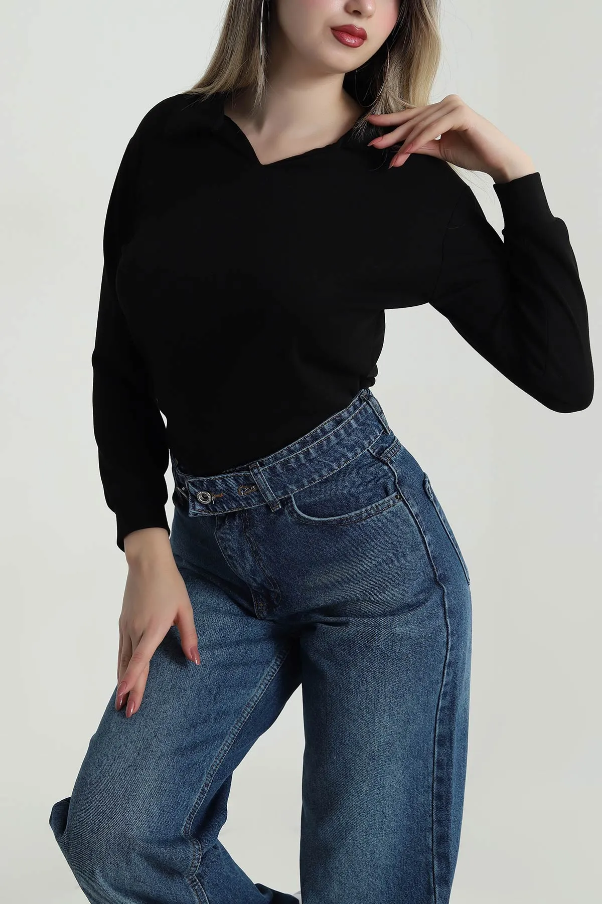 Siyah Polo Yaka Oysho Kadın Bluz 486675