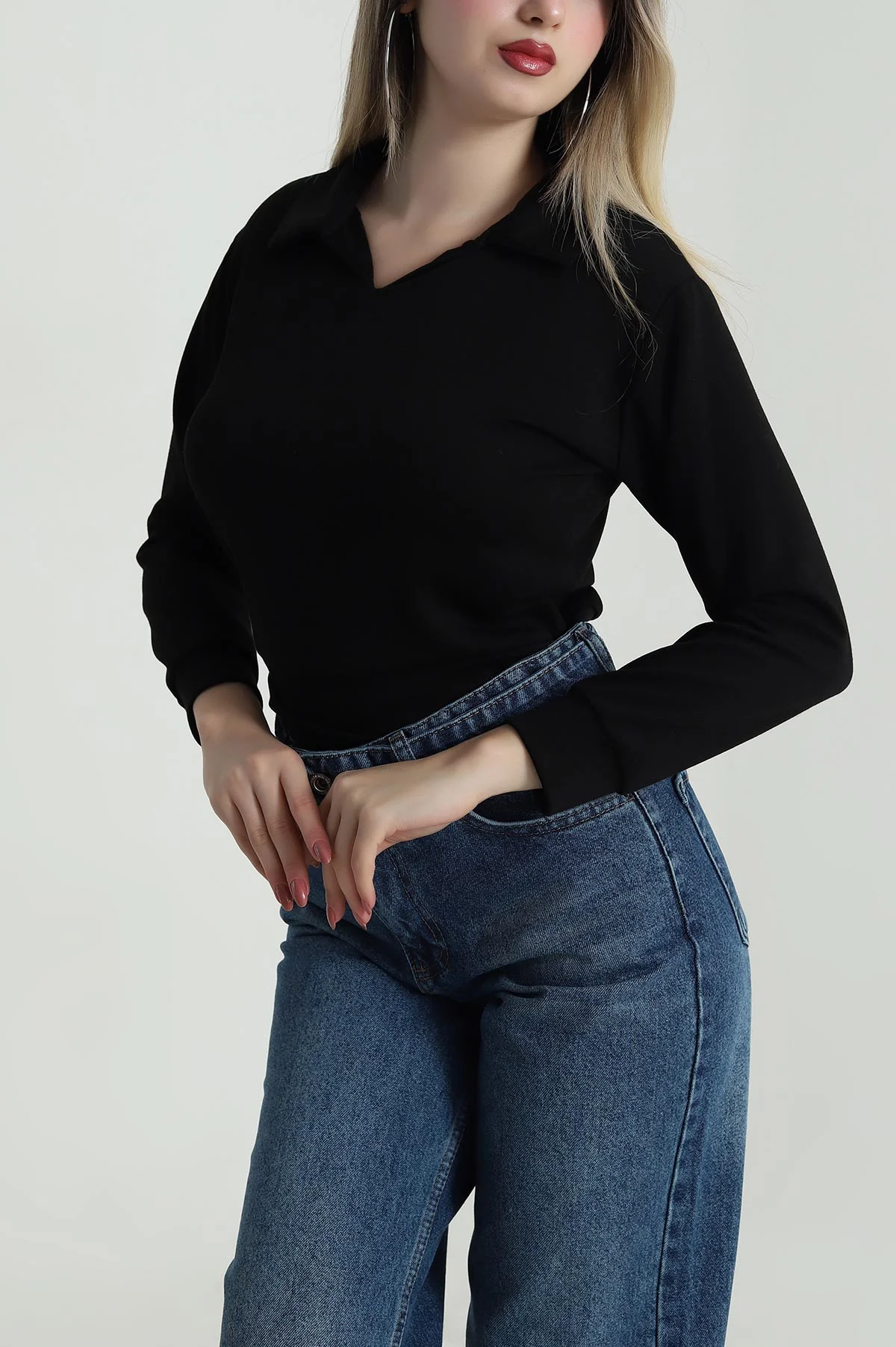 Siyah Polo Yaka Oysho Kadın Bluz 486675