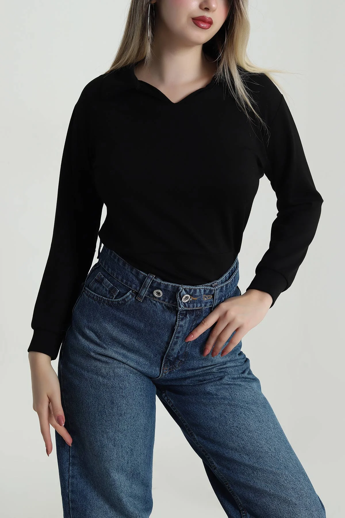 Siyah Polo Yaka Oysho Kadın Bluz 486675