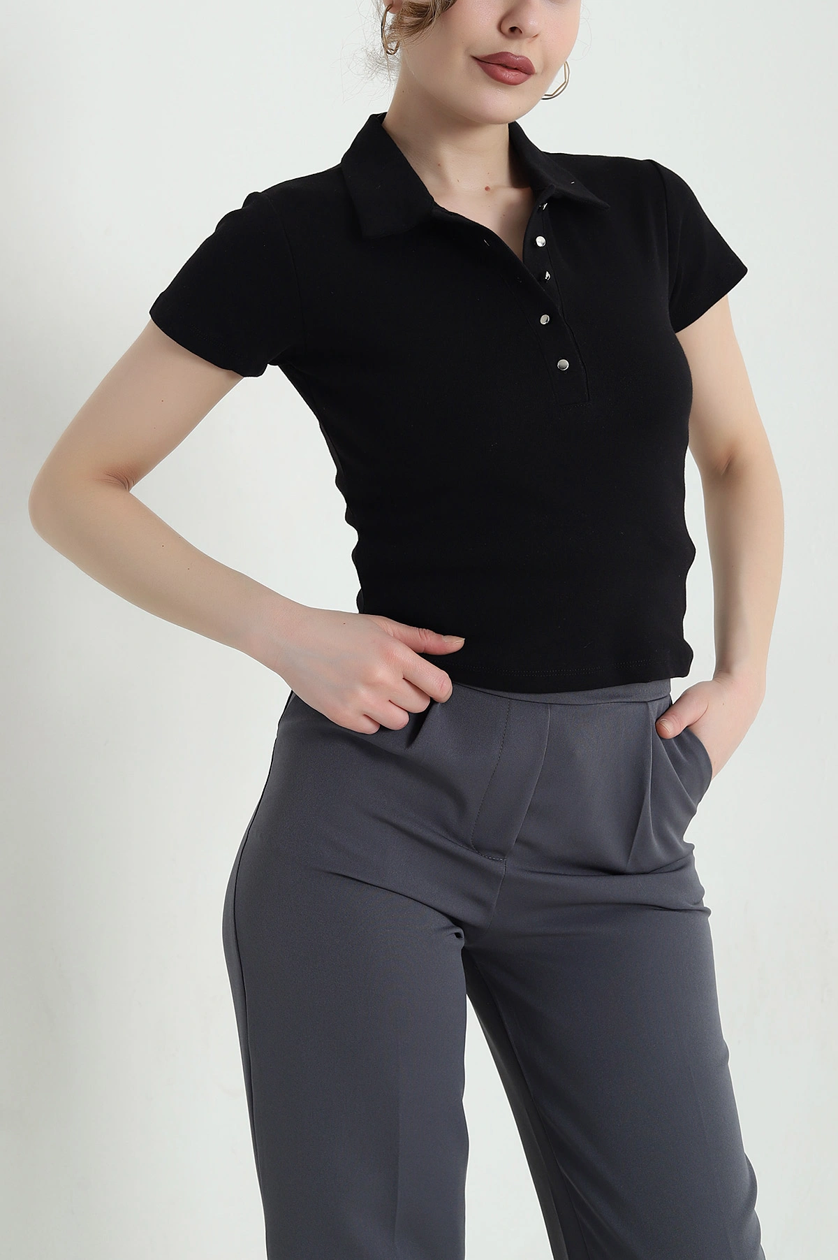 Siyah Polo Yaka Ribana Kadın Bluz 446618