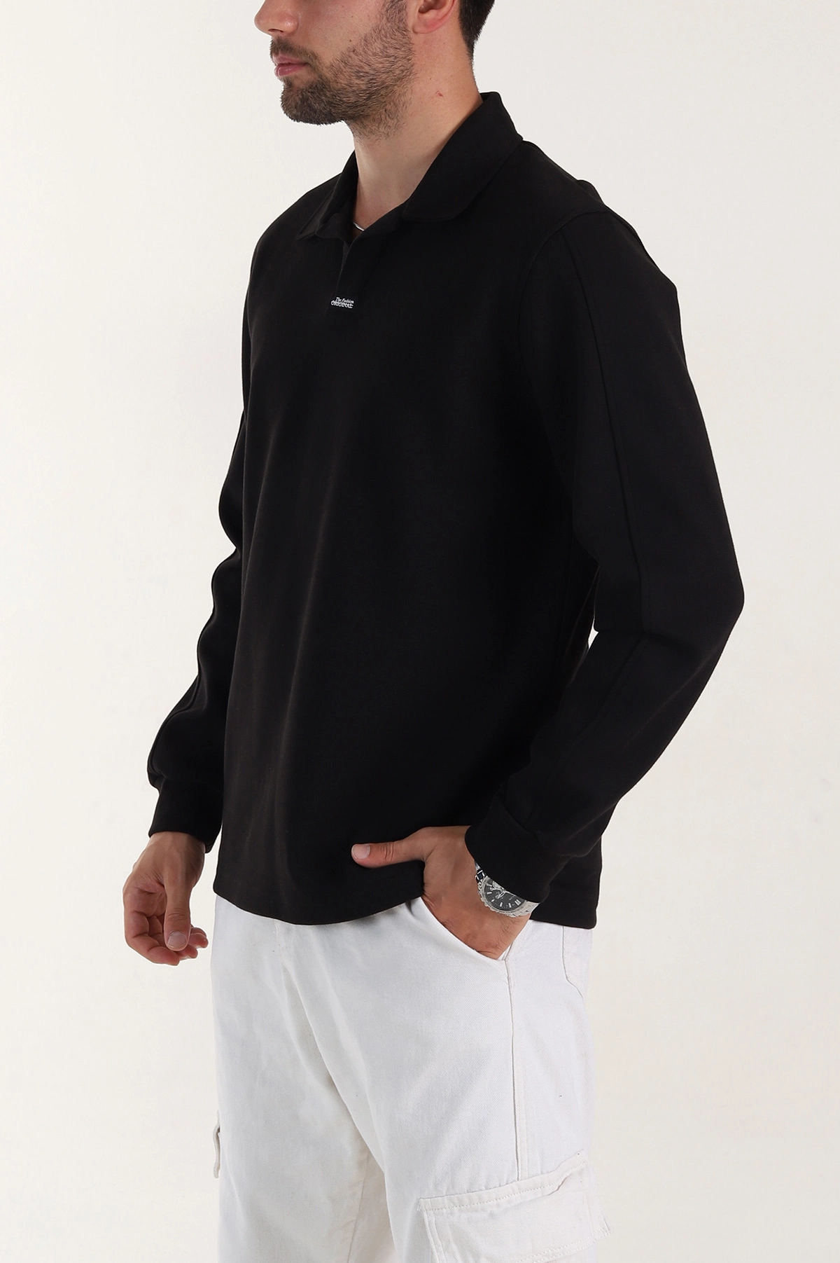 Siyah Polo Yaka Uzun Kollu Erkek Sweatshirt 397135