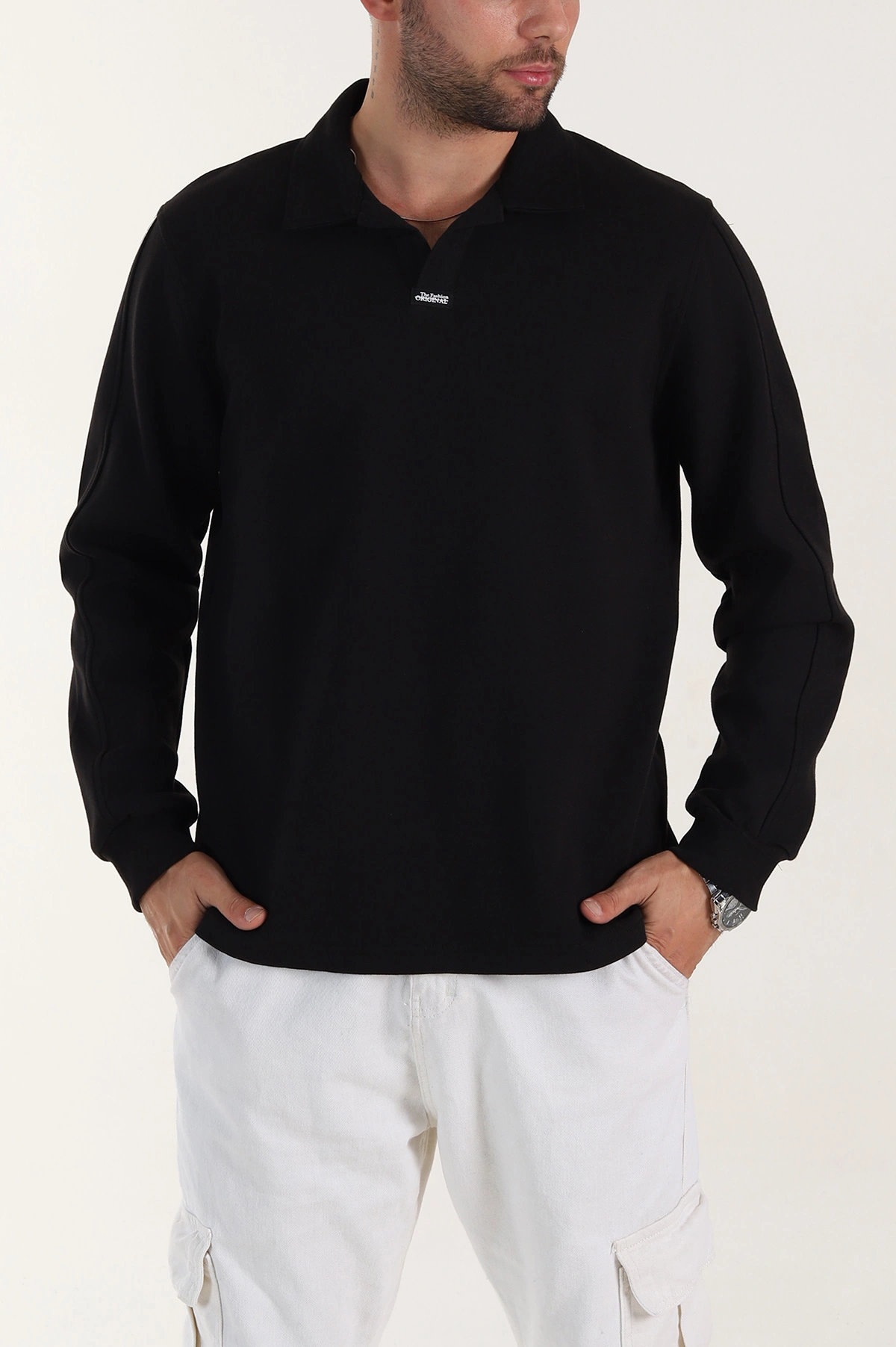 Siyah Polo Yaka Uzun Kollu Erkek Sweatshirt 397135