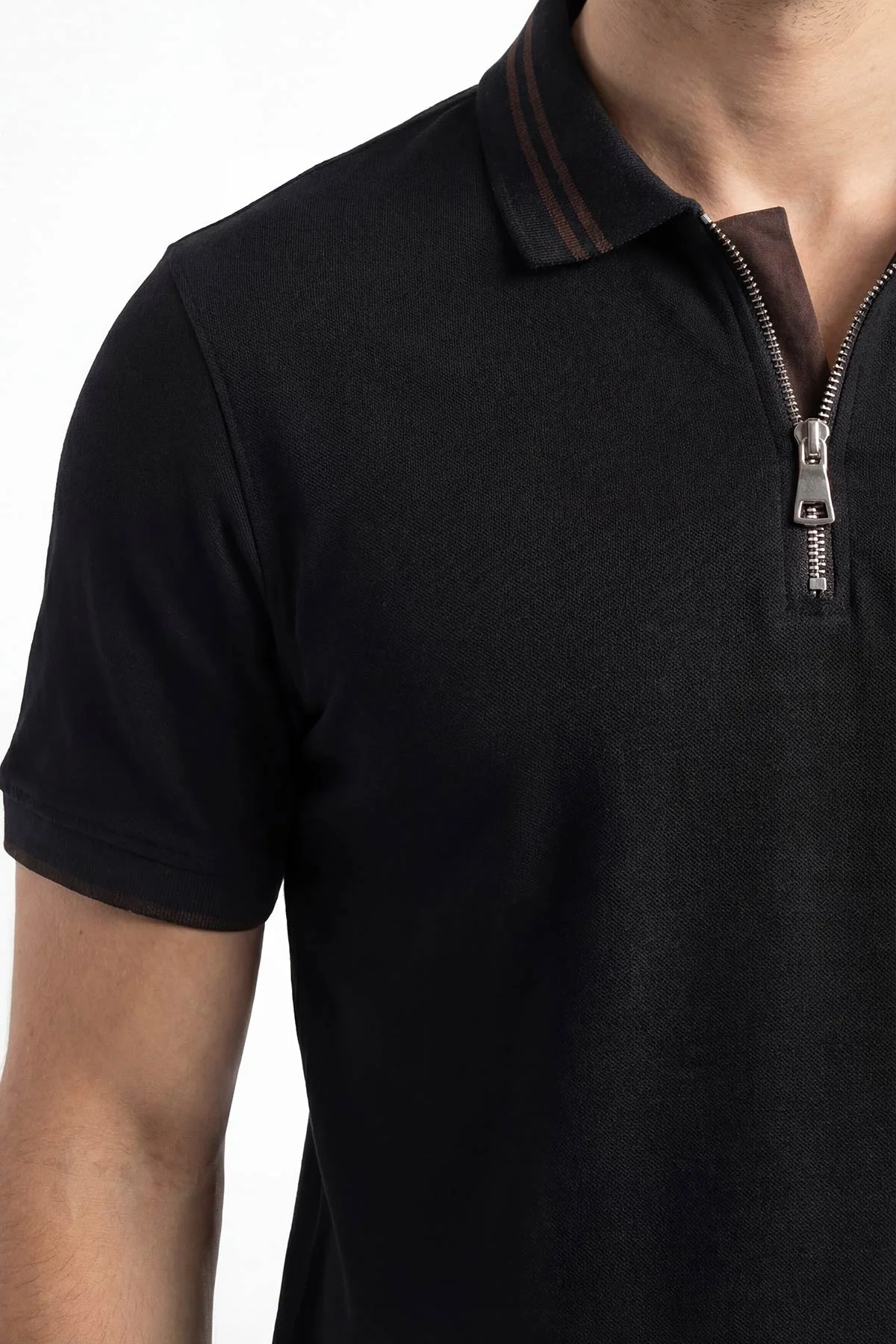 Siyah Polo Yaka Yarım Fermuarlı Erkek Tişört 435559